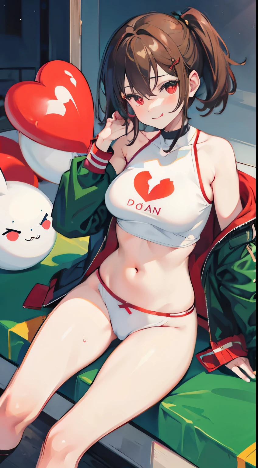 X-rated,Under the legend,Chara,age girl,red eye,Smile,Sexy,green,Chest leak,short crop top,hot pant,stall's seagull body standing painting,posture,Short brown sea ice turns red,Underwear model,lust,Hand repair,detail, clothing,HD,no underwares, TV show,Buttocks raised,stick out your tongue,Playful,love heart,hips close,Sweat,Rear view,big,sitting,Sit on a balloon