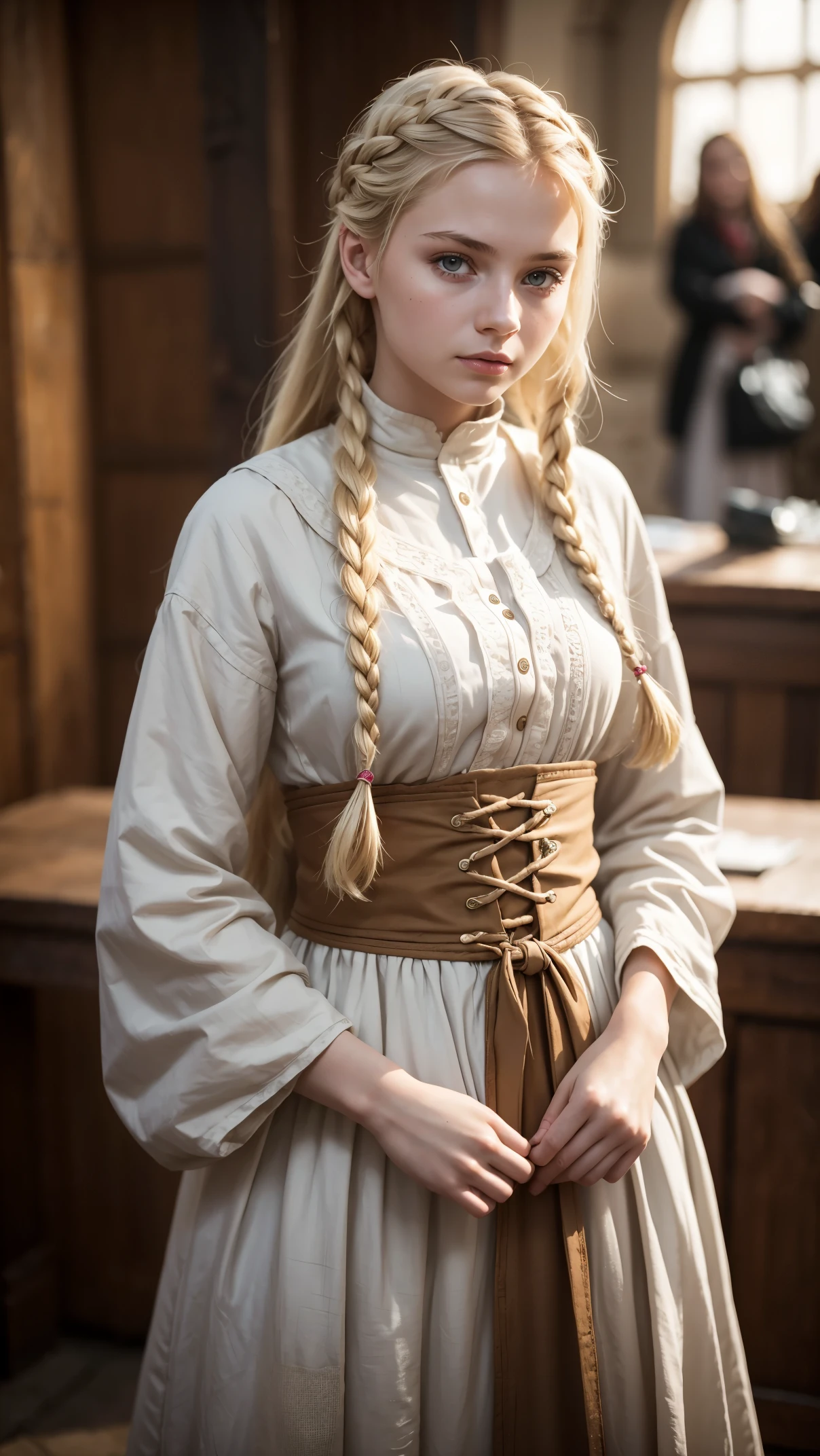 RAW photo, A girl of Slavic appearance, 20years old, Waist-length image in the center of the composition, blond hair, (Long braids), Poor medieval clothes, ((Modest)), Embarrassed, blurred background, 8K UHD, soft-lighting, hiquality, Film grain, Fujifilm XT3