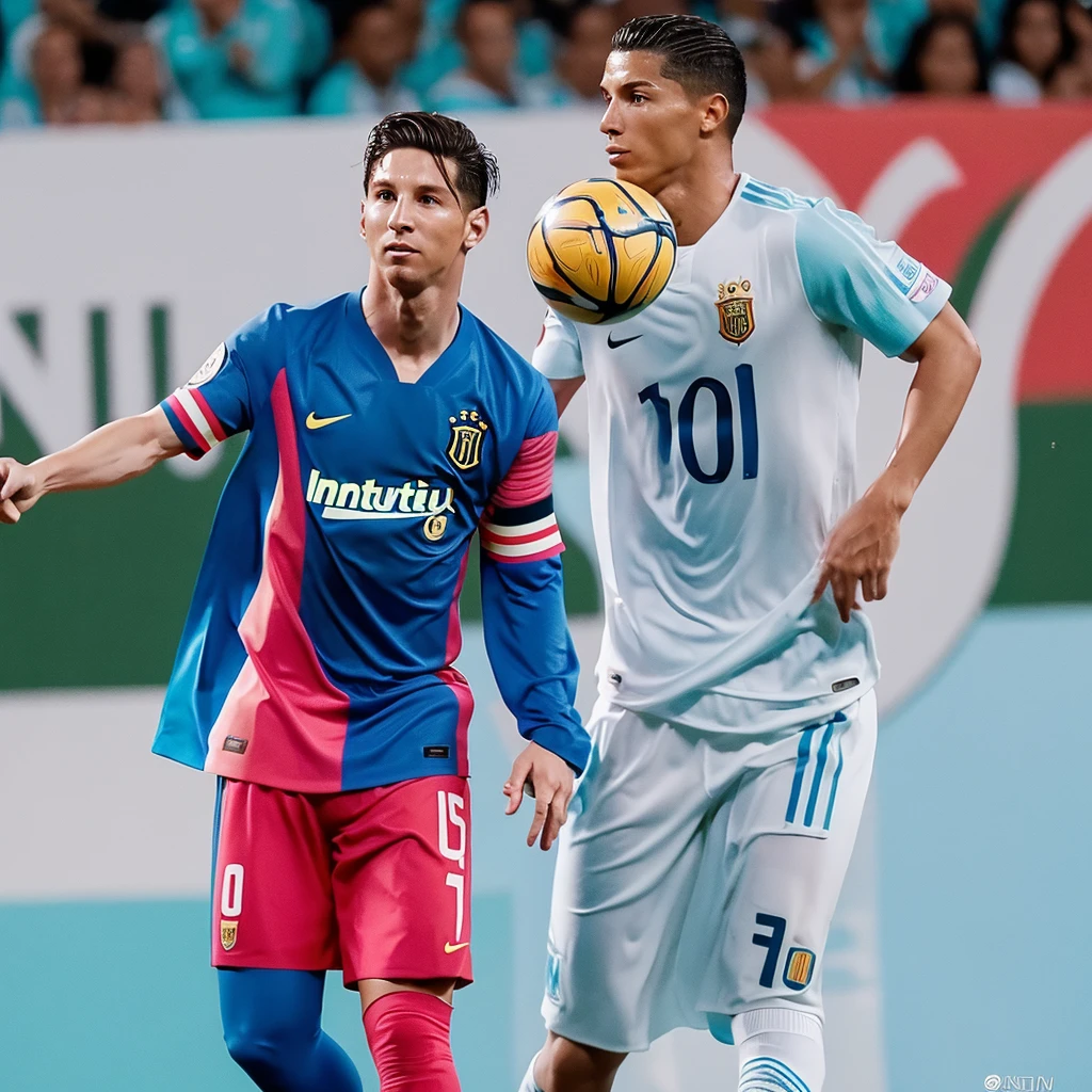 Messi dribbling Cristiano Ronaldo summers inter Miami Al Narrs dressed in 1 Inter Miami uniforms ( Rosa ) Cristiano Ronaldo ( Amarelo e Azul ) !!