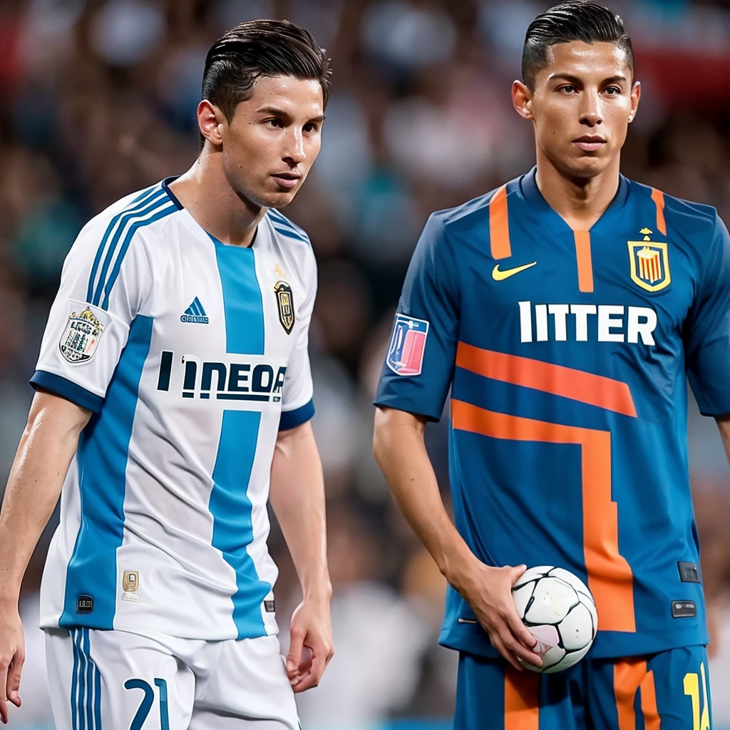 Messi dribbling Cristiano Ronaldo summers inter Miami Al Narrs dressed in 1 Inter Miami uniforms ( Rosa ) Cristiano Ronaldo ( Amarelo e Azul ) !!
