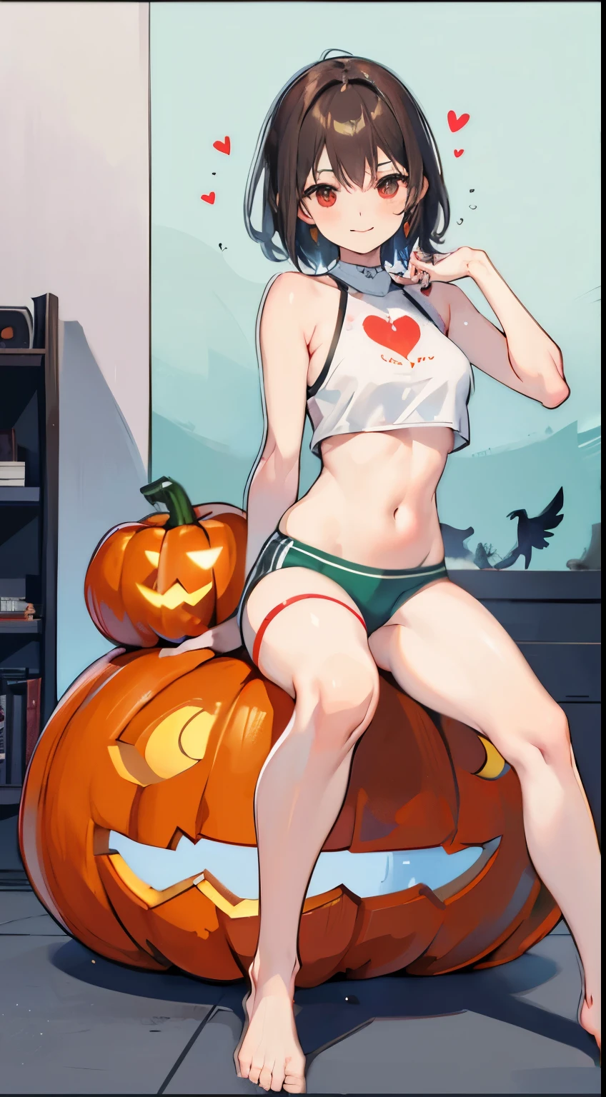X-rated,Under the legend,Chara, girl,red eye,Smile,Sexy,green,Chest leak,short crop top,hot pant,stall's seagull body standing painting,posture,Short brown sea ice turns red,Underwear model,lust,Hand repair,detail, clothing,HD,no underwares, TV show,Buttocks raised,stick out your tongue,Playful,love heart,hips close,Sweat,Rear view,big,sitting,Sit on the pumpkin,halloween
