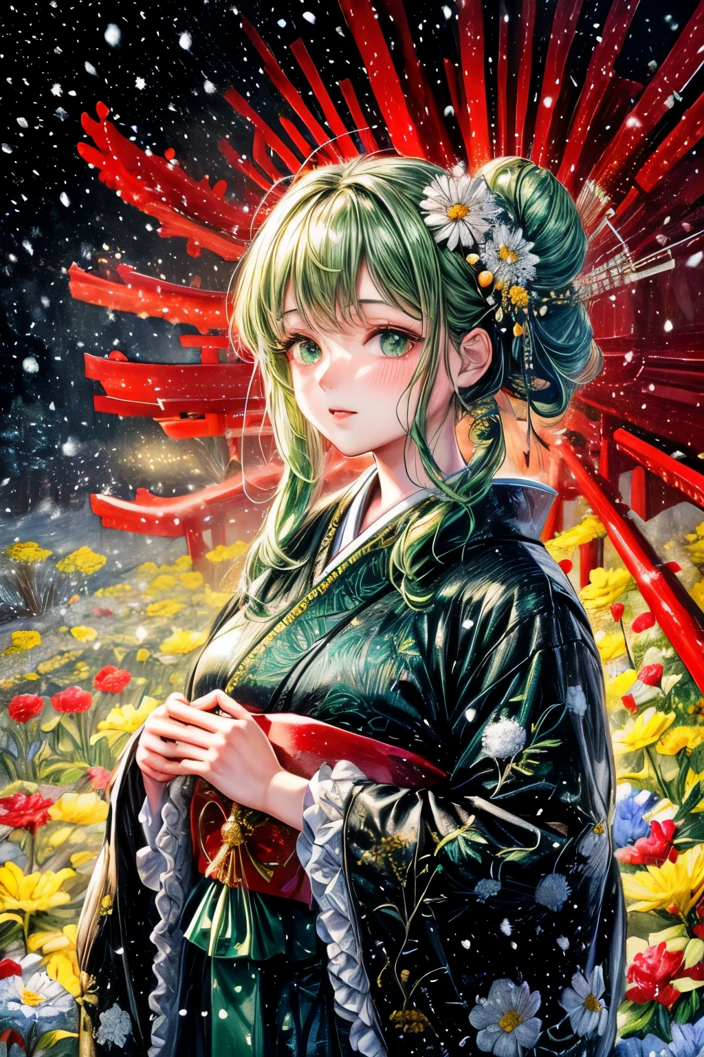 ((worst quality, low-quality)), ((girl)), solo, (Close-up:1.3), (facefocus:1.4), ((half updo, green hair)), clear eyes and plump, plump lips, beautiful green eyes):1.2), Spoken Heart, Pray with Hands Folded in Front of Your Chest, (perfect hands:1.3), (traditional Japanese clothing:1.2), (wearing a kimono made of black fabric, Delicate and detailed embroidery of local birds and flowers:1.3), embarrassing, standing ceremony, Looking at viewer, head tilt, (Falling snow:1.5), (light particles, shine of light:1.4), (( Japanese torii gate background)), high angle shot, muste piece, best quality, Super detailed,
