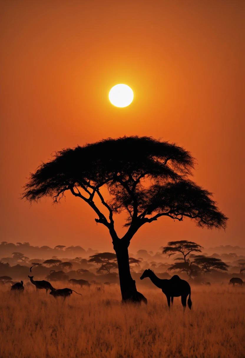 sunset silhouette, acacia tree, African savannah, vibrant orange sky, (silhouette art:1.8,剪影艺术), (Best quality:1.5, masterpiece:1.5).