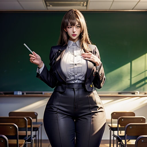 SFW, Danielle Panabaker aged 19, medium cowboy shot, very long hair, extremely tall, slim, formal business attire, tucked in blouse, slacks, classroom, chalkboard, (colossal breasts:1.4), (top heavy:1.4), (oppai proportion:1.4), big breasts