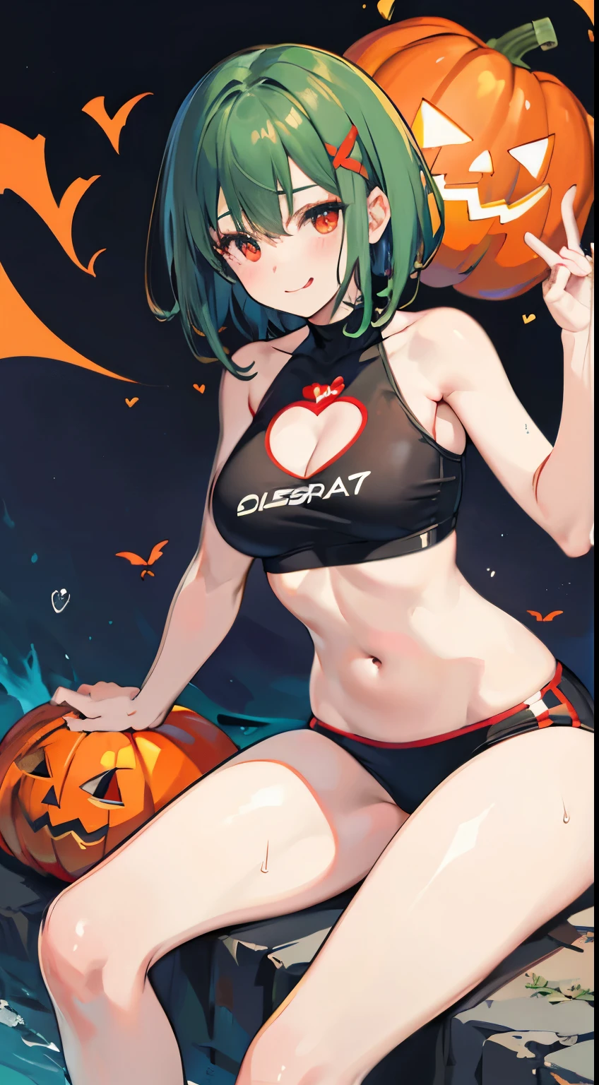 X-rated，Under the legend，Chara，age girl，red eye，Smile，Sexy，green，Chest leak，short crop top，hot pant，stall&#39;s seagull body standing painting，posture，Short brown sea ice turns red，Underwear model，lust，Hand repair，detail， clothing，HD，no underwares， TV show，Buttocks raised，stick out your tongue，Playful，love heart，hips close，Sweat，Rear view，big，sitting，Sit on the pumpkin，halloween