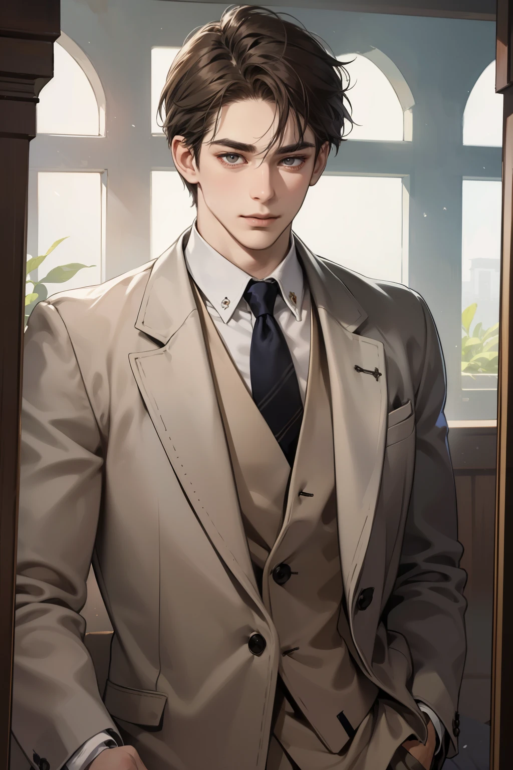 masterpiece, best quality, realistic, 1man, mature male, quiet and charming young man, 25 years old, close his eyes, extremely detailed face, ((dark grey eyes)), ((short-right-swept dark brown hair)), [thick eyebrows], prince, cinematic lighting, looking at the audience, posture dynamics, Victorian era, smirk　背景透明