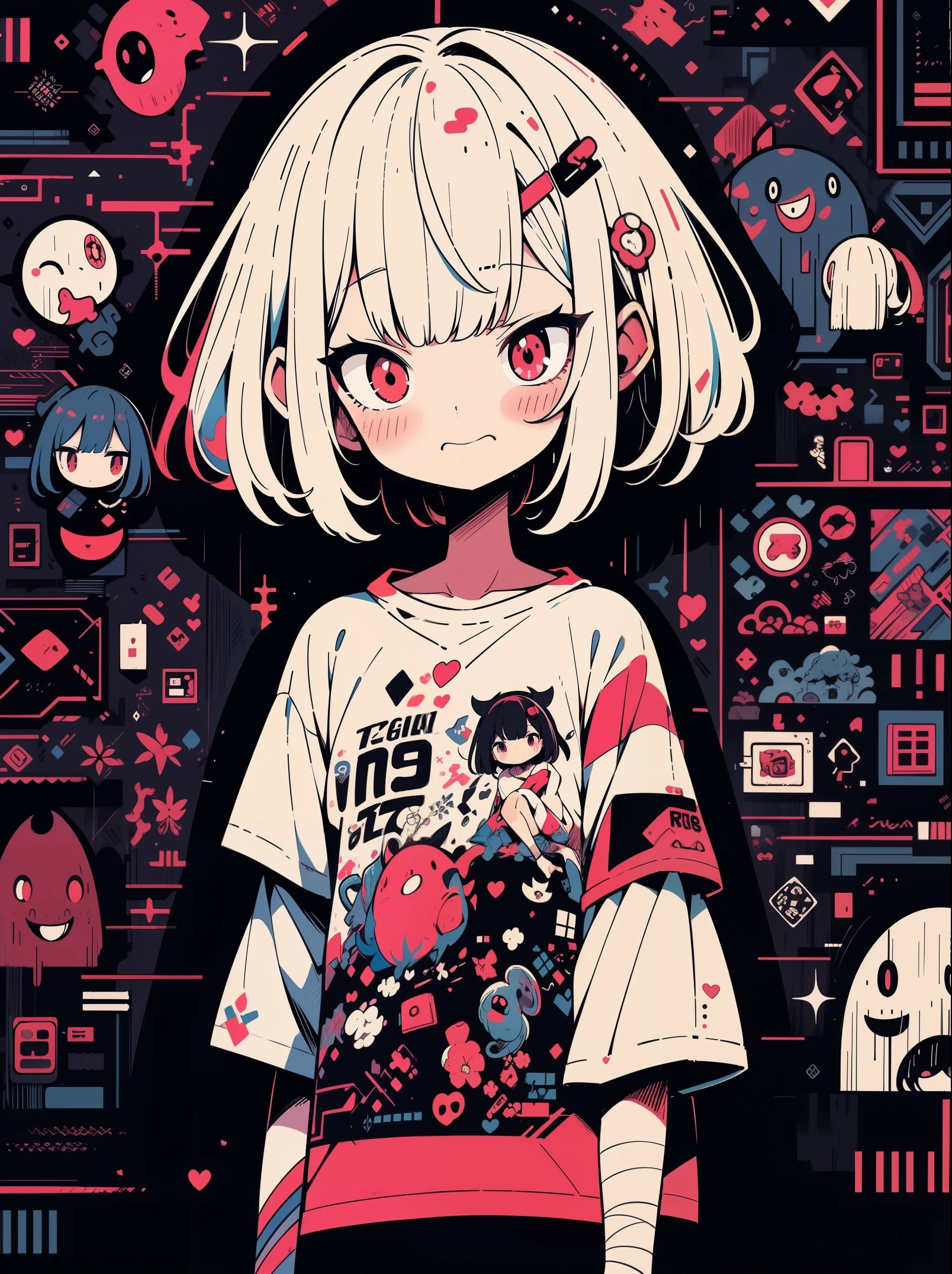 high quality、neon color palette、High level of image quality、kawaii girl、Unprecedented amount of drawing、anime style、geometric pattern background、sticker style、short hair、dark hair、brown eyes, messy hair, to death, bandage, loose clothes, Loose T-shirt, self harm, Guro, dark, depressed, bags under eyes, heavy eyes, dark eyes, Blood, crawl, eroGuro, dark circles, neon, eyestrain, glitch, vintage, scary,