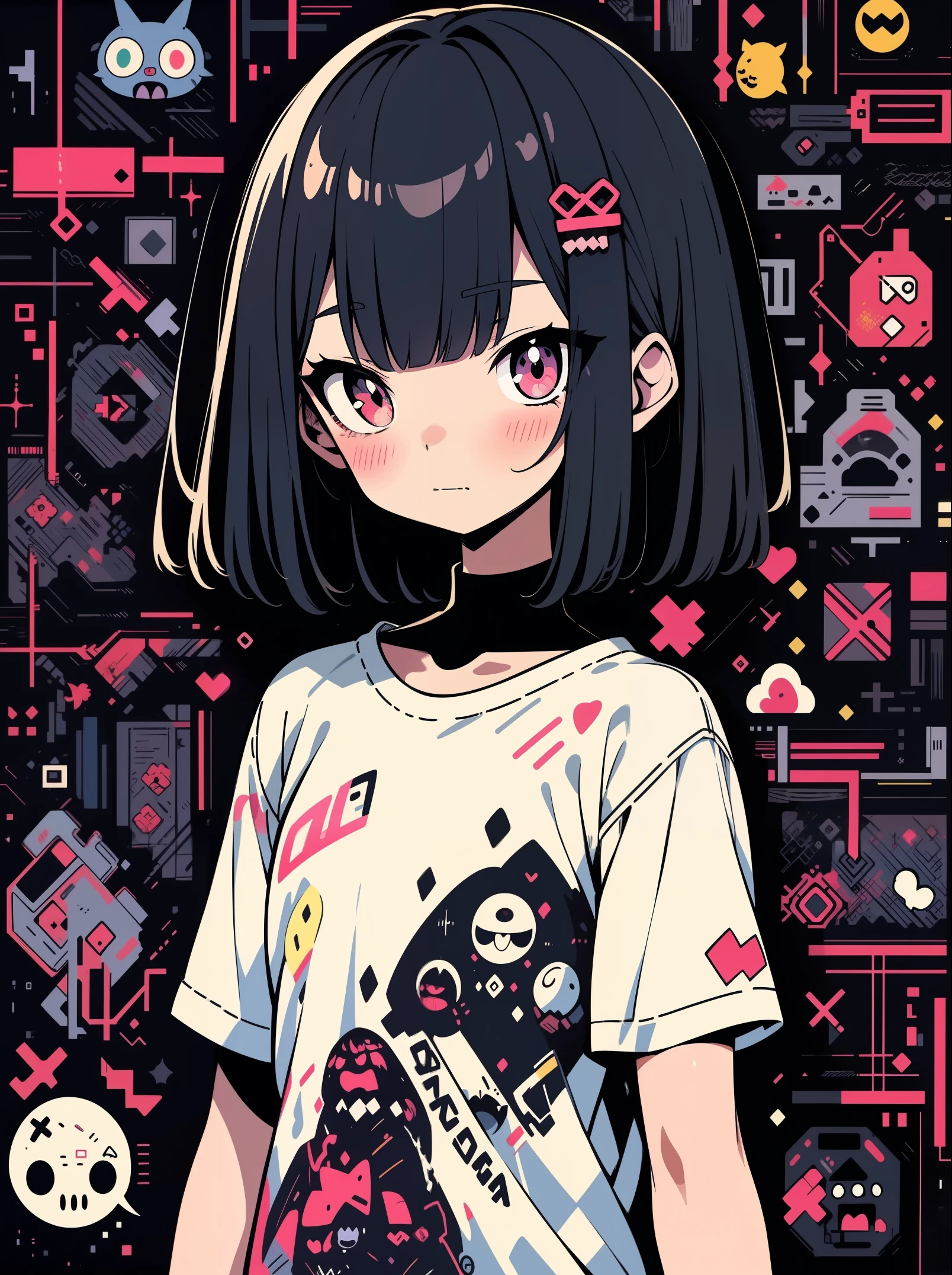 high quality、neon color palette、High level of image quality、kawaii girl、Unprecedented amount of drawing、anime style、geometric pattern background、sticker style、short hair、dark hair、brown eyes, messy hair, to death, bandage, loose clothes, Loose T-shirt, self harm, Guro, dark, depressed, bags under eyes, heavy eyes, dark eyes, Blood, crawl, eroGuro, dark circles, neon, eyestrain, glitch, vintage, scary,