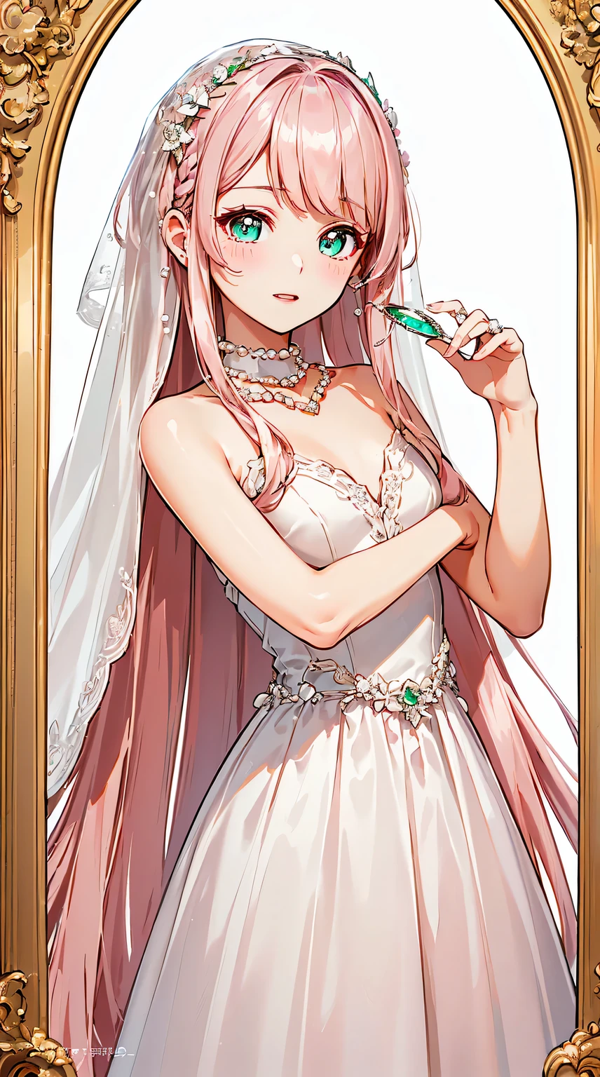 (((pearl pink hair,emerald pupileautiful mirror:1.2,))))((beautiful and detailed wedding dress,buoquet,veil,))(blushing), (geometric:1.1), ((1girl,amazing,adorable girl,solo,bust shot,))(Masterpiece,Best quality, offcial art, Beautiful and aesthetic:1.2),(16k,HD,HRS),((small breasts)),(Physically-based rendering),Sharp focus, (((highdetailskin,))),Intricately detailed clothing,Delicate pupils,((((shiny hair|detailed hair|half bangs|long hair)))),Slender,(masterpiece sidelighting),(The sheen),(beautiful hair,beautiful eyelur background,bokeh:55mm)),((extremely_Detailed_Eyes_and_face)),Movie girl,(Dynamic posture: 1.2),Brilliant
