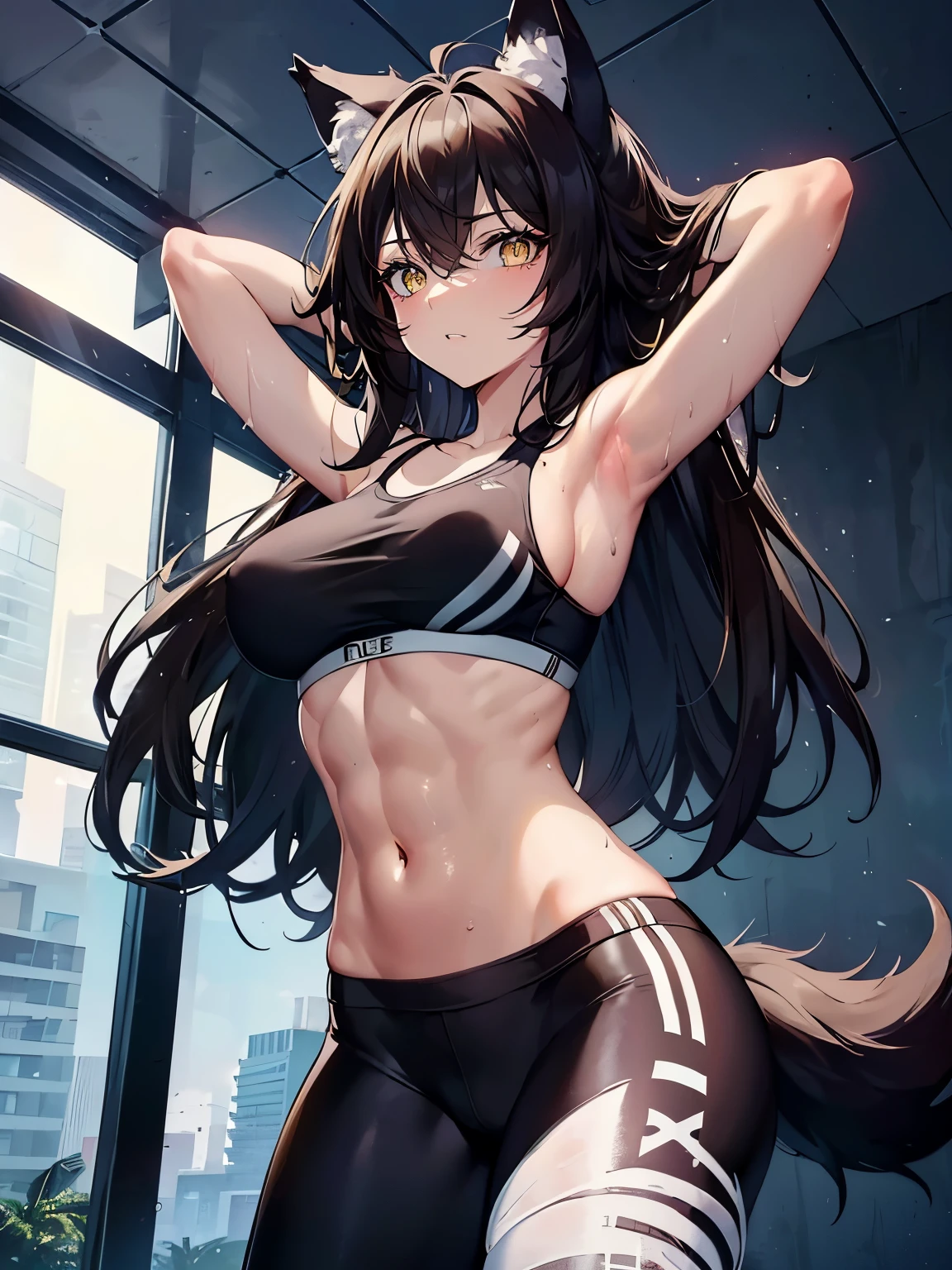 (Masterpiece,Best quality,Ultra detailed),1girl,(messy hair),dark brown hair,wolf ears, wolf tail,delicate:1.2,Beautiful,yoga pants,sports bra,(strong abs),dark yellow eyes, bright eyes,fierce look,wet skin,standing,hands below