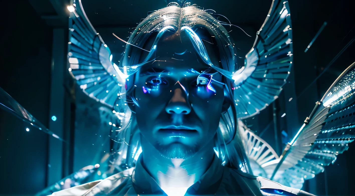 MAN WITH SUPER STRONG TRANSPARENT HEAD AND SHOWING A GLOWING BLUE BRAIN SHOWING HIS FACE, laser glowing blue eyes, with two huge white wings, white uniform, long white hair, detailed image, 32k uhd, broken glass effect, no background, dazzling, something that does not exist until, mythical being, energy, molecular, textures, iridescent and luminescent scales, breathtaking beauty, pure perfection, divine presence, unforgettable, dazzling, volumetric light, auras, rays, reflections of vivid colors