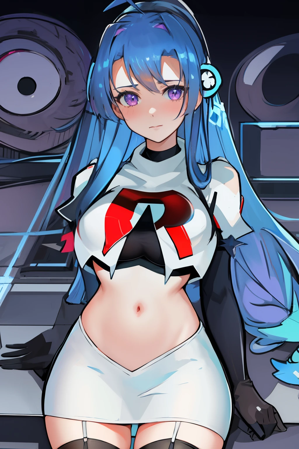 best quality, masterpiece, highres, solo, {helena_azurlane:1.15}, blue_hair, long_hair, ahoge, purple_eyes, breasts, blush, bangs, hair_ornament, medium_breasts, hair_between_eyes, 1girl, looking_at_viewer, large_breasts, team rocket,team rocket uniform,white skirt,red letter R,crop top,black thigh-highs,black elbow gloves