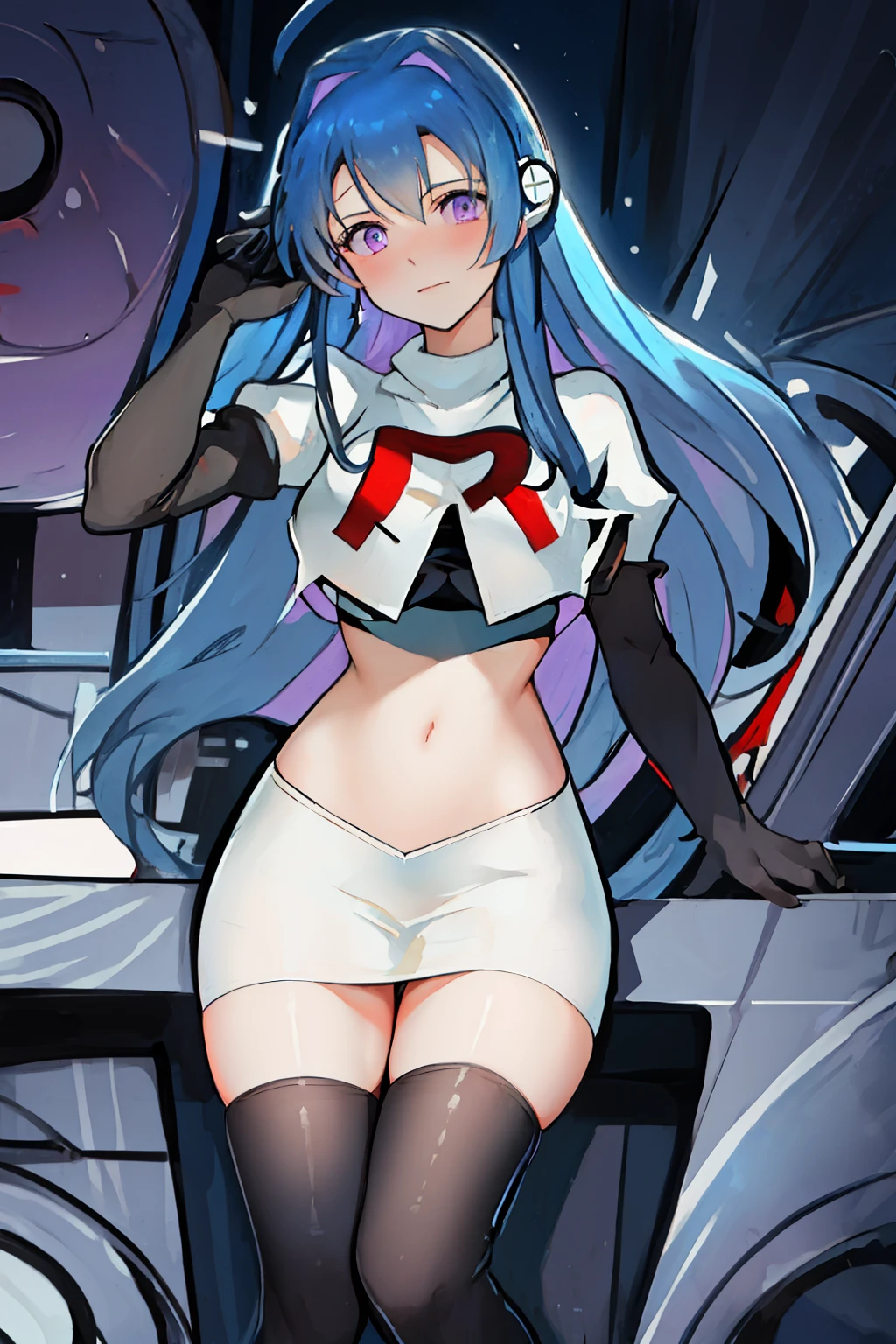 best quality, masterpiece, highres, solo, {helena_azurlane:1.15}, blue_hair, long_hair, ahoge, purple_eyes, breasts, blush, bangs, hair_ornament, medium_breasts, hair_between_eyes, 1girl, looking_at_viewer, large_breasts, team rocket,team rocket uniform,white skirt,red letter R,crop top,black thigh-highs,black elbow gloves