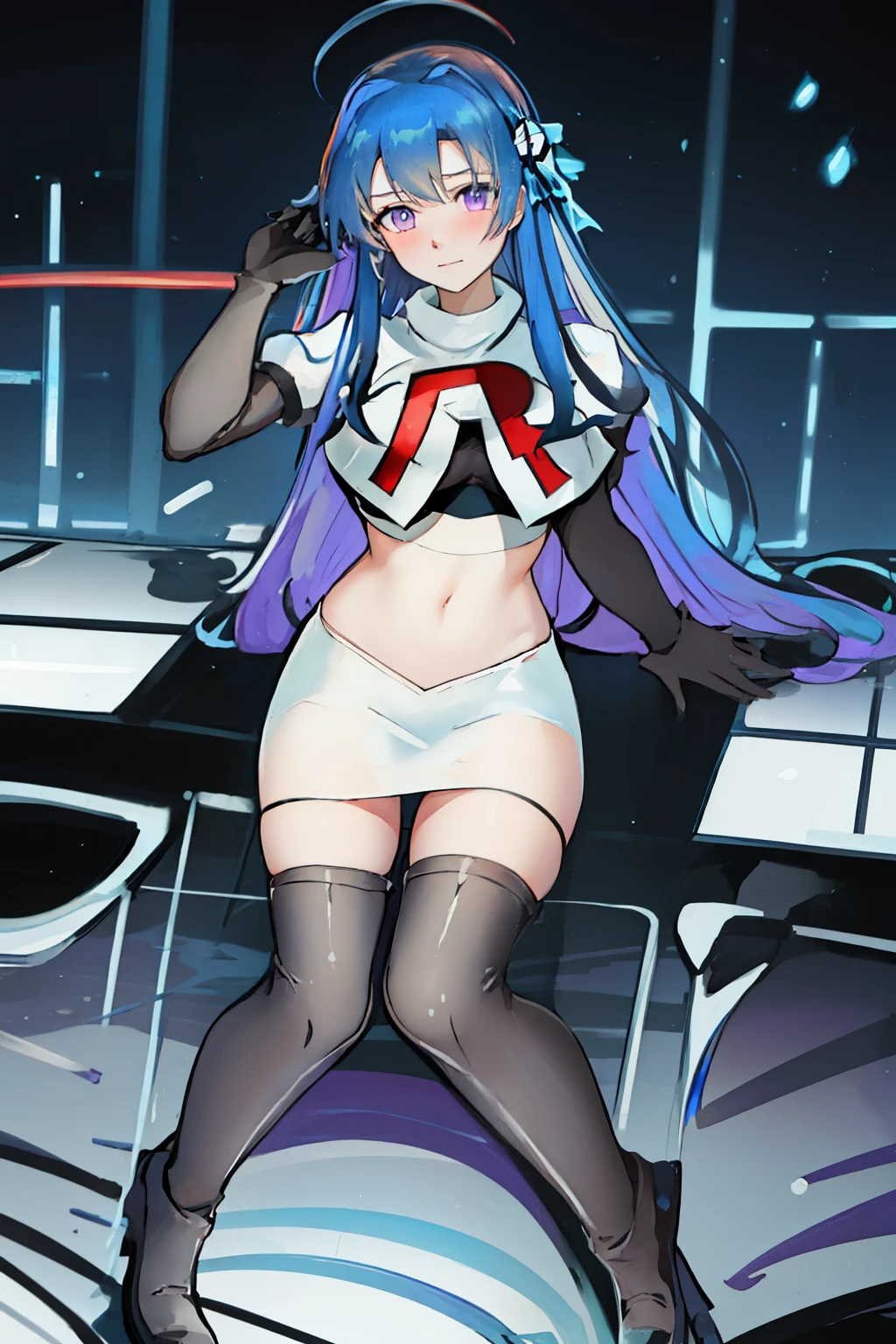 best quality, masterpiece, highres, solo, {helena_azurlane:1.15}, blue_hair, long_hair, ahoge, purple_eyes, breasts, blush, bangs, hair_ornament, medium_breasts, hair_between_eyes, 1girl, looking_at_viewer, large_breasts, team rocket,team rocket uniform,white skirt,red letter R,crop top,black thigh-highs,black elbow gloves