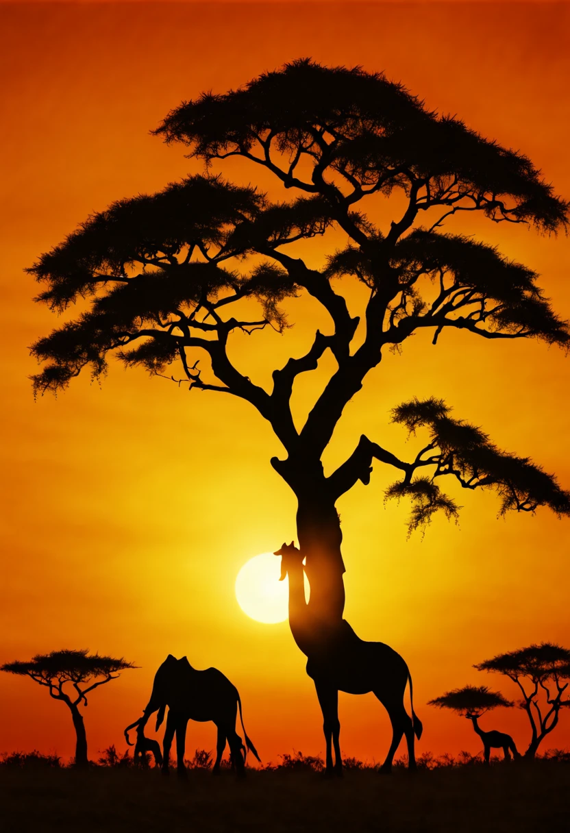 sunset silhouette, acacia tree, African savannah, vibrant orange sky, (silhouette art:1.8,剪影艺术), (Best quality:1.5, masterpiece:1.5).