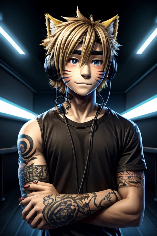 MAN, 19 YEARS OLD,
BLACK SHIRT,
DARK BLONDE,
TATTOOS ON ARM,
HEADPHONES,
BLACK PLAYER ROOM BACKGROUND, mixed with minato namizake from naruto