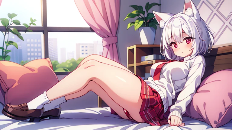 bedroom, (masterpiece), best quality, my foxy girlfriend - fuku, medium breasts, white fox ears, one white fox tail, round face, white hair, white skin, cute girl, innocent , medium size, ager, light pink sweater, white thighs high,red tie hidden by sweater, red pink eyes, short back hair, 2 long strands falling on breasts, very short red plaid skirt under the sweater, thick thigh, black japanese school shoes