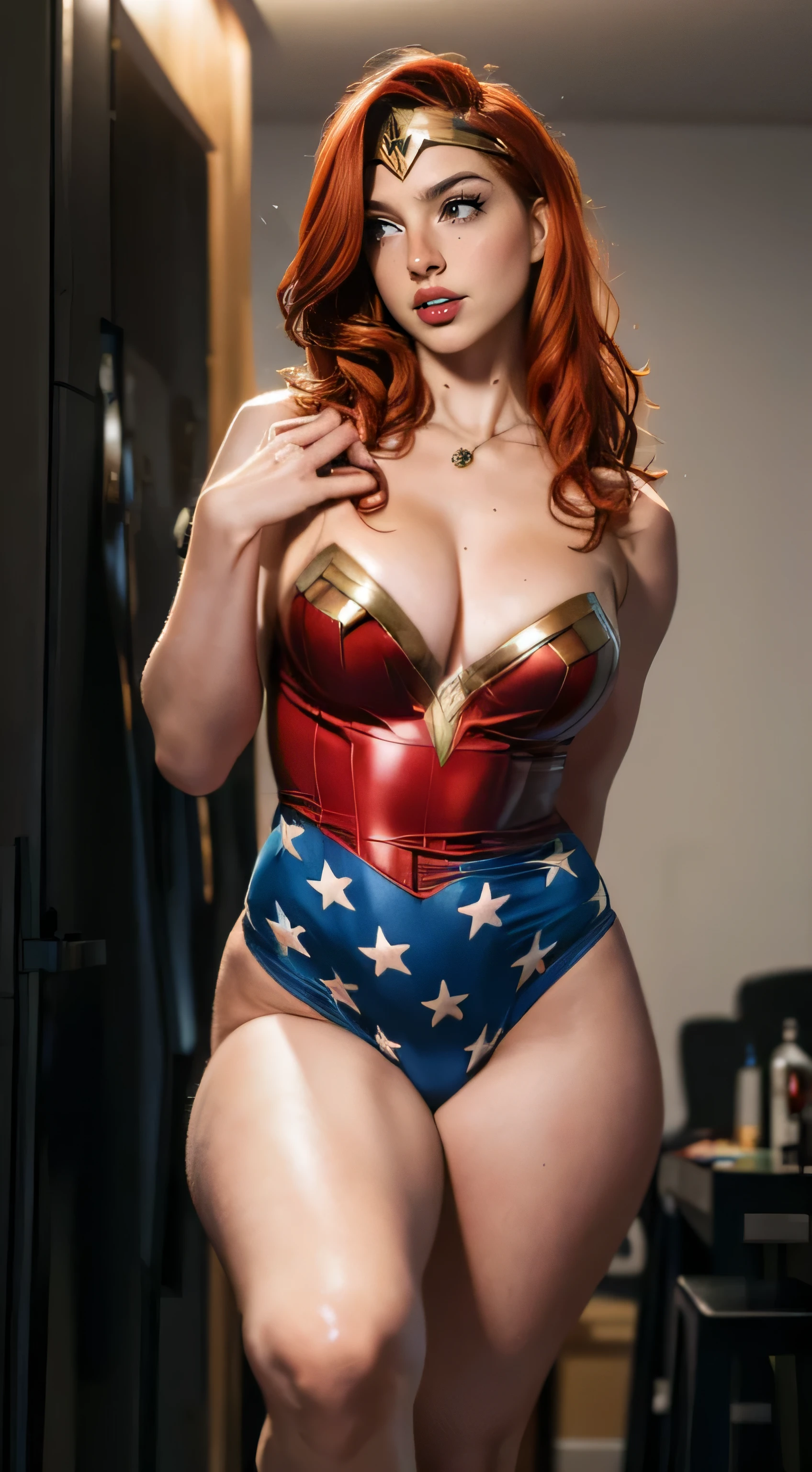 (best quality,4k,8k,highres,masterpiece:1.2),ultra-detailed,(realistic,photorealistic,photo-realistic:1.37),comic book panel ,empty speech bubbles,modern multi panel,superhero,sexy harem girl,sexual, Red hair Wonder Woman