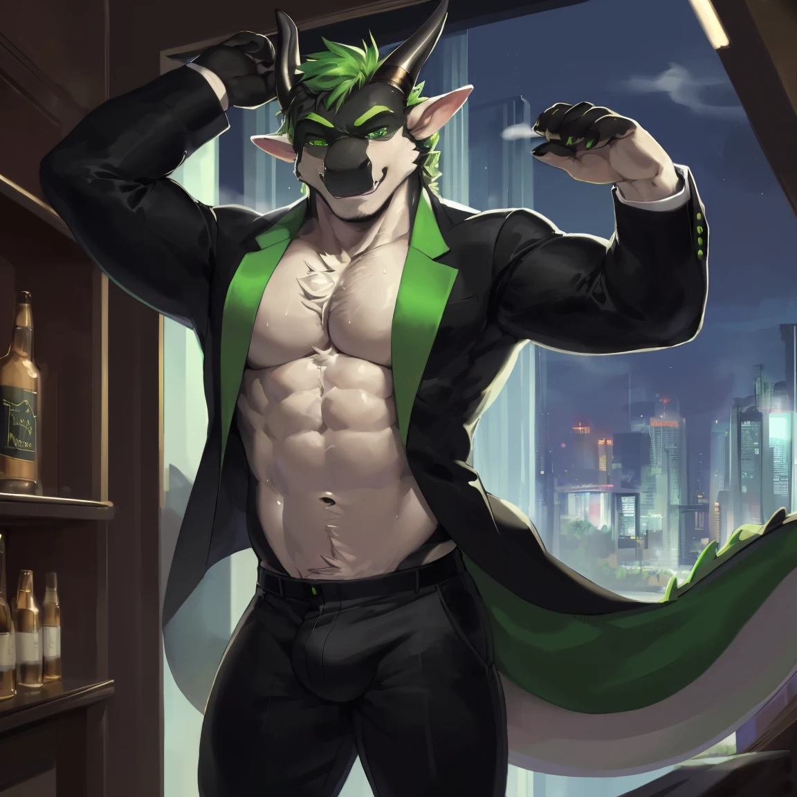 (masterpiece, best quality, high quality, highres:1.4), detailed, extremely detailed, ambient soft lighting, 4K, by (by Pino Daeni, (by ruaidri), yupa, kiyosan,(by meesh), (by fffffolder)),
delga: ( slim_hunk, athletic, dragon, black body, smooth skin, athletic muscle, anthro legs, (dragon feet), (toe claw), green eyes, dark green hair, (detailed eyes), dragon horn, dragon tail , (clothing, (topwear: (formal green blazer), bottomwear:(black dress pants, [[black pants]]))), handsome, closed_mouth, ((serious_look, serious)) tag:1boy), standing, drinking, beer, pov, (((futuristic inn))), shirtless, velvet green armpit hair, sweaty, musky, snow white chest, musk clouds, groin bulge, white chest hair, dark body, green, white, black, gray, solo, dickprint