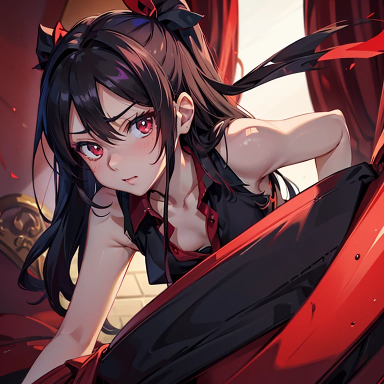 Rin Tohsaka, Deep black pupils，Sexy and charming，Delicate facial features，did not wear underwear，fleshy feeling，perspire，Be red in the face，Leaking vest lines，鎖骨，Femme and moving，solo person，full bodyesbian。