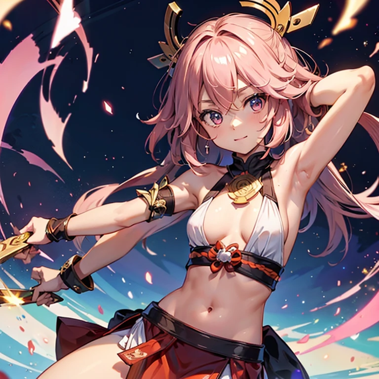 Kirito, Pink egyptian dancer's clothing, blushing and smiling, dark skin and long hair, standing alone in the dance hall, big breasts breast enlargement breasts pumped up looking at the camera