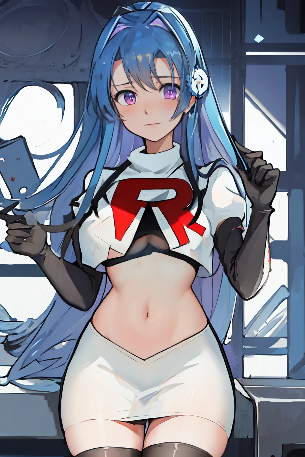 best quality, masterpiece, highres, solo, {helena_azurlane:1.15}, blue_hair, long_hair, ahoge, purple_eyes, breasts, blush, bangs, hair_ornament, medium_breasts, hair_between_eyes, 1girl, looking_at_viewer, large_breasts, team rocket,team rocket uniform,white skirt,red letter R,crop top,black thigh-highs,black elbow gloves