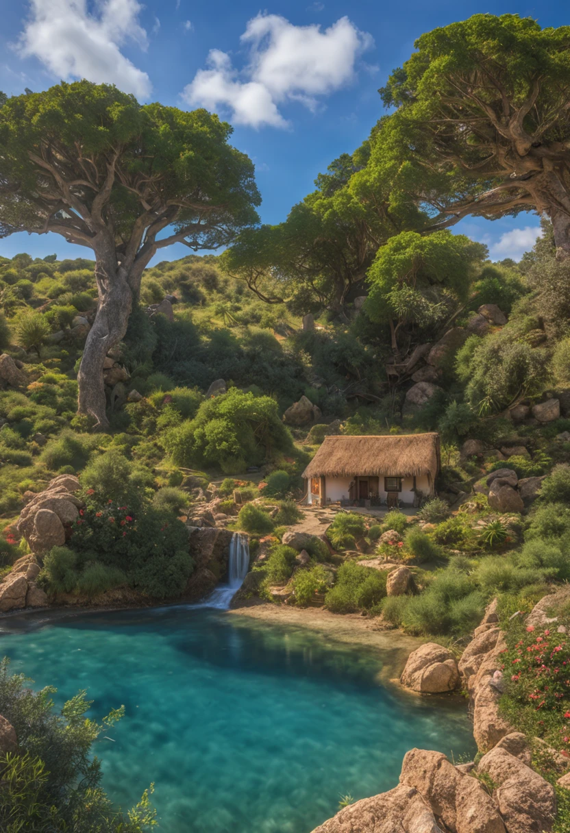 earth paradise, flowers, nature, socotra style trees, waterfall, blue lake, horses, a small cottage, blue sky, green grass, 8k, realistic((best quality)), ((master part)), (circunstanciado), rosto perfeito