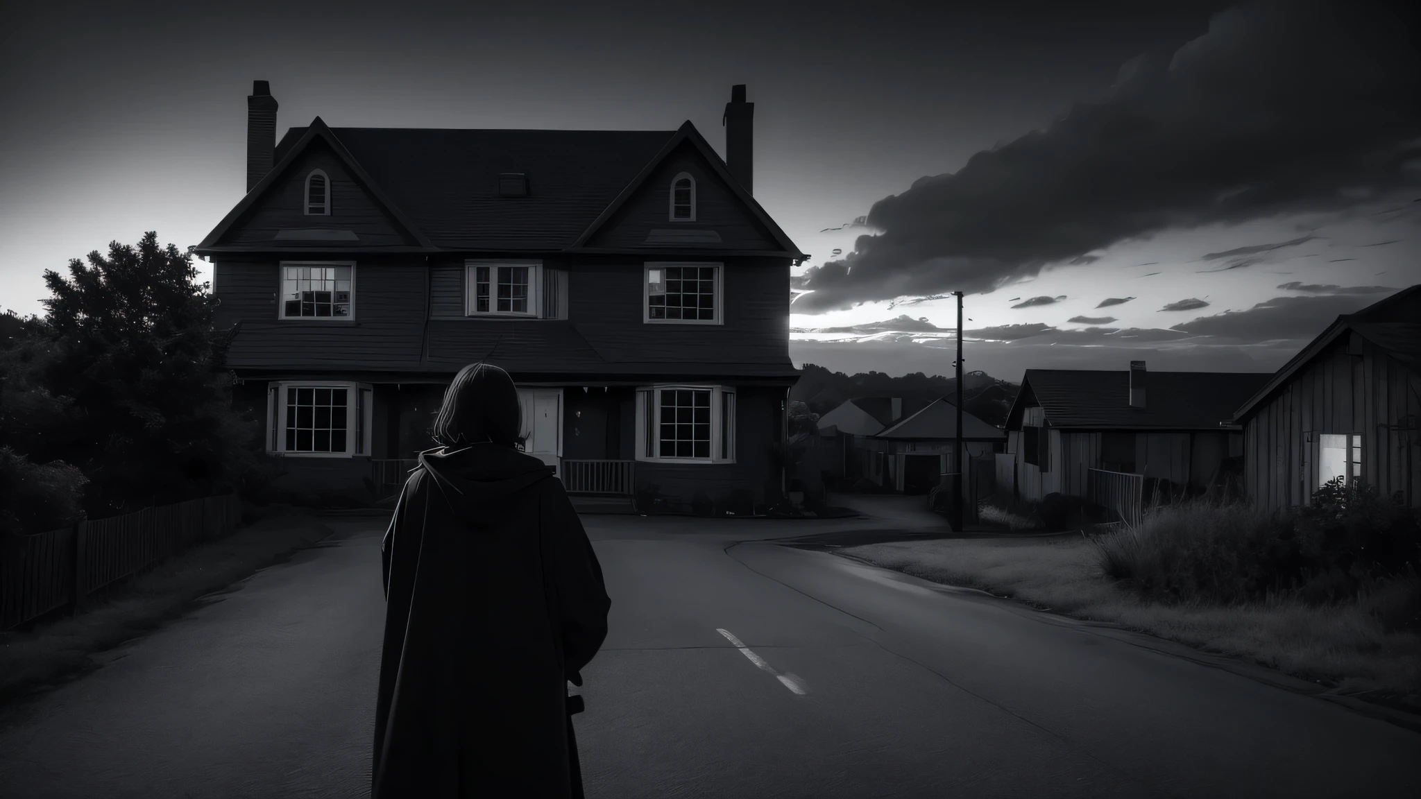 The protagonist hastily packing belongings, looking over their shoulder at the ominous house from a car window, blurry and in black and white.