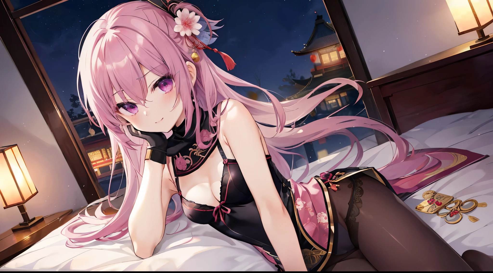 ancient chinese architecture,night chinese background， solo，a girl，170cm height，45CM bust，Pink medium long hair，Purple eye，Black underwear，night，gentle，Smile， ((black pantyhose))，indoors，on the bed，(((With bare armlack gloves，With bare arms，mitsukasa ayase