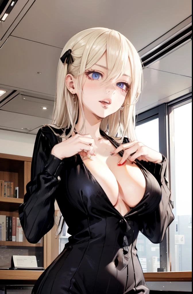 Sexy Librarian、Reading at her desk、at the library、huge boobs、cleavage、perfect hands、perfect fingers、perfect breasts、Perfect fit、perfect body、perfect face、Perfect image realism、detailed background、detailed costumes、micro bikini、unbuttoned shirt、Lewd librarian、hyper realism、photorealistic、unreal engine、3DCG、octane rendering、8K maximum resolution very detailed、Sweater dress with vertical ribbed fabric、Professional librarian、Big breasts about to burst from her clothes、Yawn、sexy girl