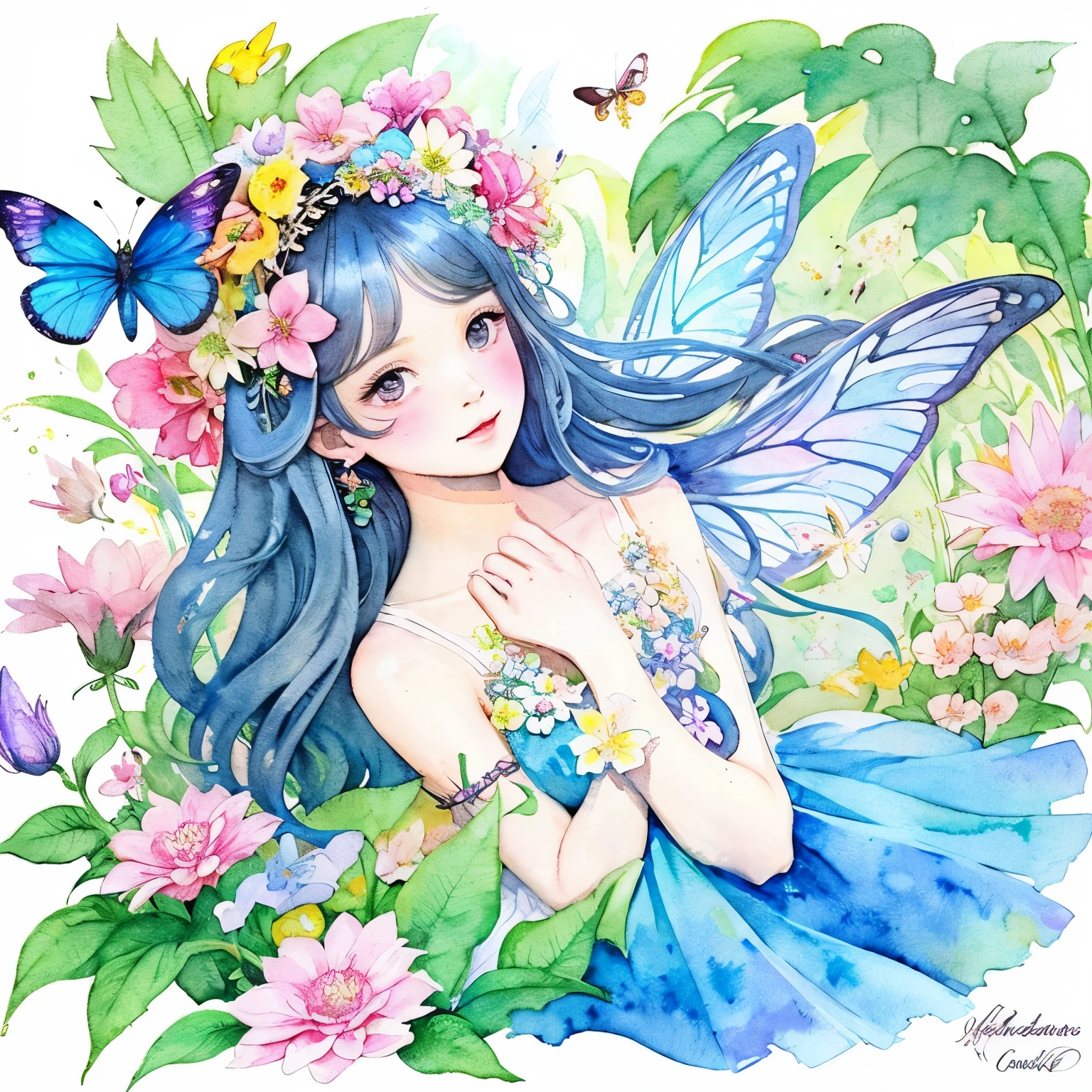Beautiful girl in fairy costume, Surrounded by flowers and butterflies. content: watercolor painting. styles: Capricious and delicate, Like illustrations in children's books.