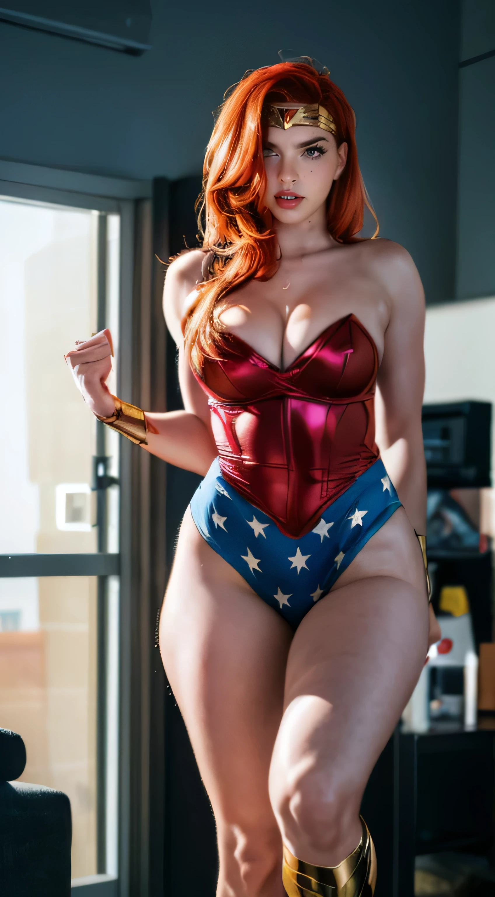 (best quality,4k,8k,highres,masterpiece:1.2),ultra-detailed,(realistic,photorealistic,photo-realistic:1.37),comic book panel ,empty speech bubbles,modern multi panel,superhero,sexy harem girl,sexual, Red hair Wonder Woman (being stalked by a man holding chloroform, behind her)