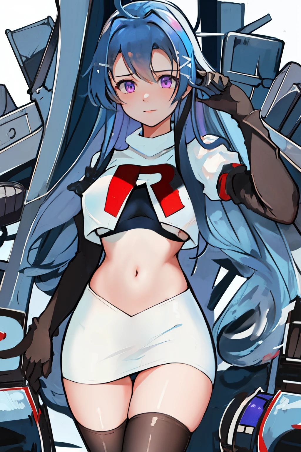 best quality, masterpiece, highres, solo, {helena_azurlane:1.15}, blue_hair, long_hair, ahoge, purple_eyes, breasts, blush, bangs, hair_ornament, medium_breasts, hair_between_eyes, 1girl, looking_at_viewer, large_breasts, team rocket,team rocket uniform,white skirt,red letter R,crop top,black thigh-highs,black elbow gloves