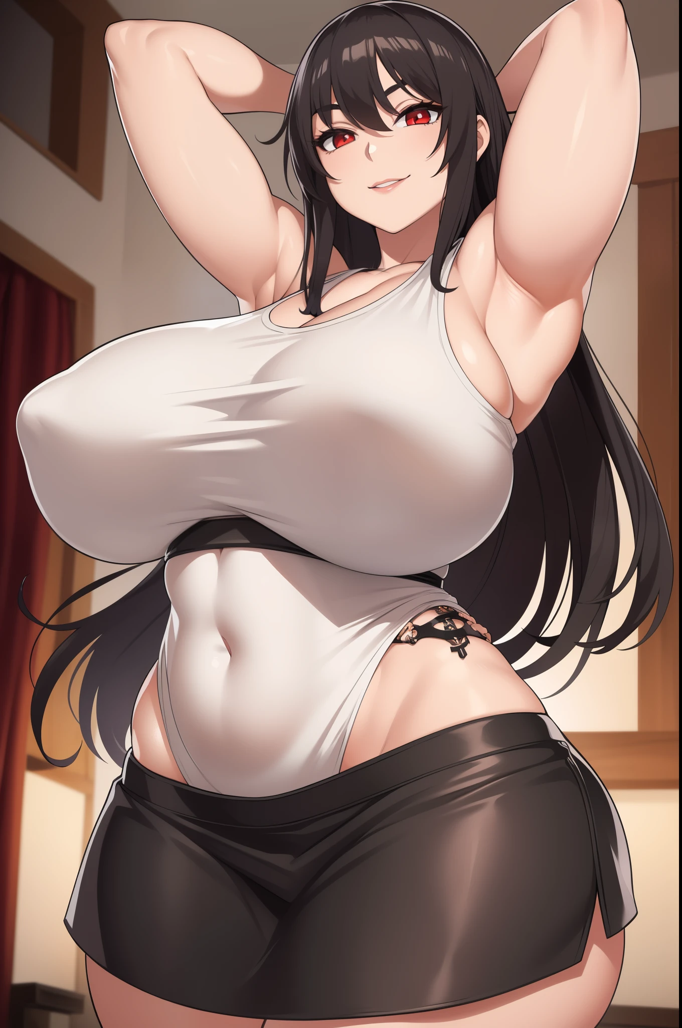 Highly detailed, High Quality, Masterpiece, beautiful, TifaOG, white tank top, black miniskirt, 1girl, solo, cowboy shot, light smile, arm behind back, red eyes (huge breasts:1.5)