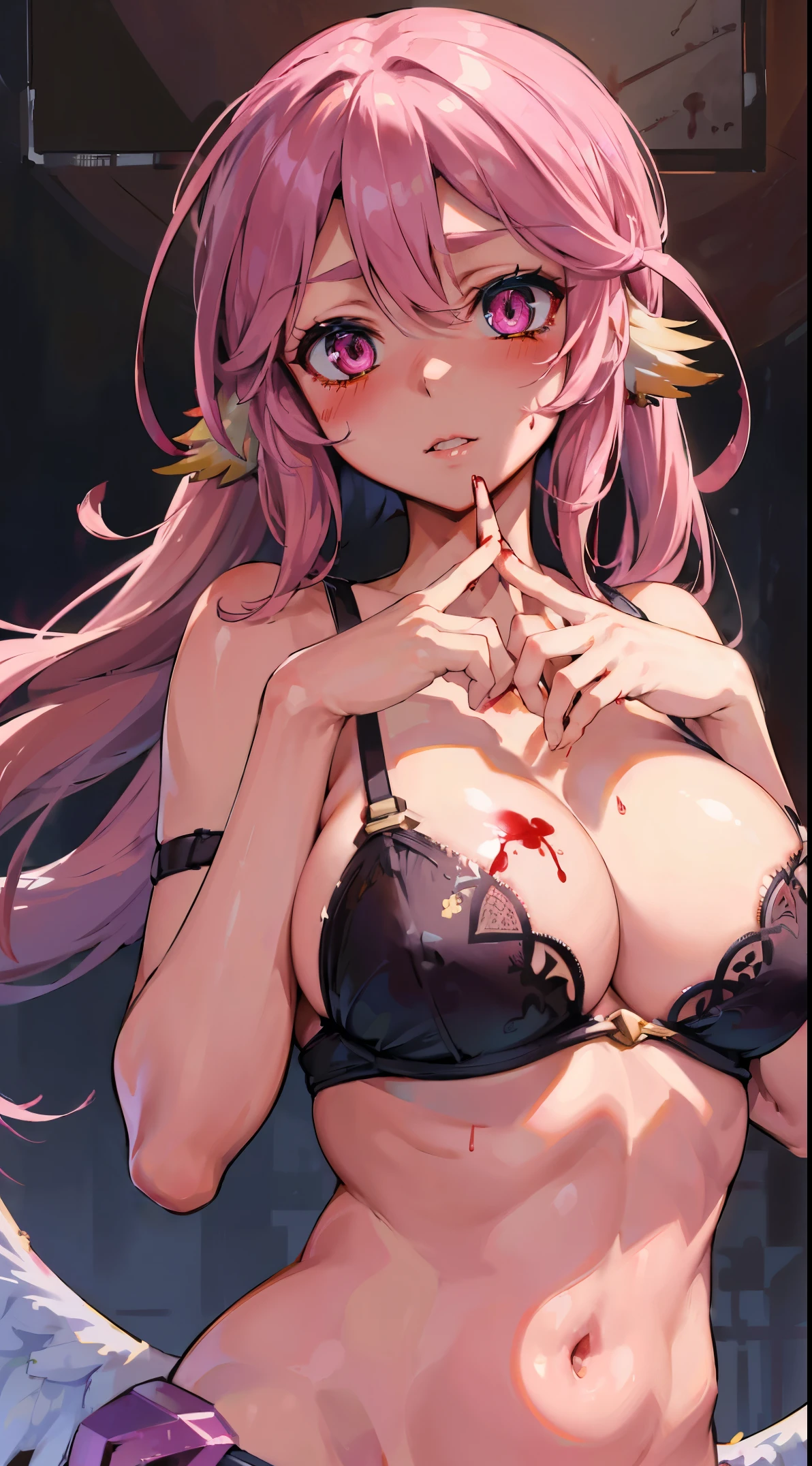 Jibril, upper body, blushed, perfect anatomy, detailed eyes, detailed lips, extremely detailed eyes and face, vivid colors, sharp focus, bra, masterpiece:1.2, ultra-detailed, bra, blushed, (((blood on handra)), (solo), blood, healthy skin.