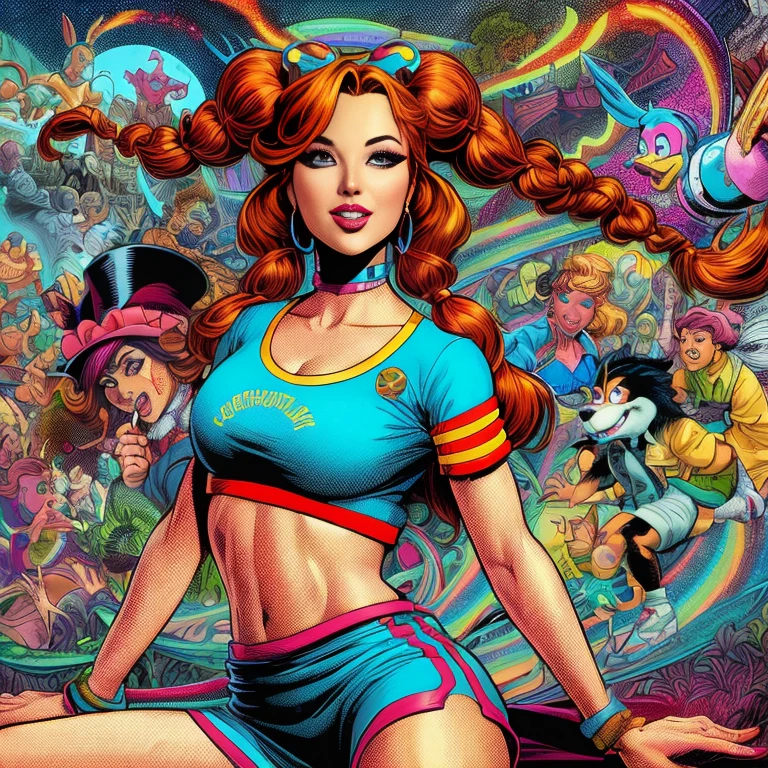 eine Nahaufnahme einer Zeichentrickfigur mit einer Gruppe von Menschen, 90er-Jahre-Comic-Charakter-Design, lebendige Cartoon-Kunst, big sexy perfect boobs, J Scott Campbell, artgerm Julie bell  und Ralph Bakshi, artgerm bunt!!!, 1 9 9 0 s Comic-Stil, Alice im Wunderland Cyberpunk