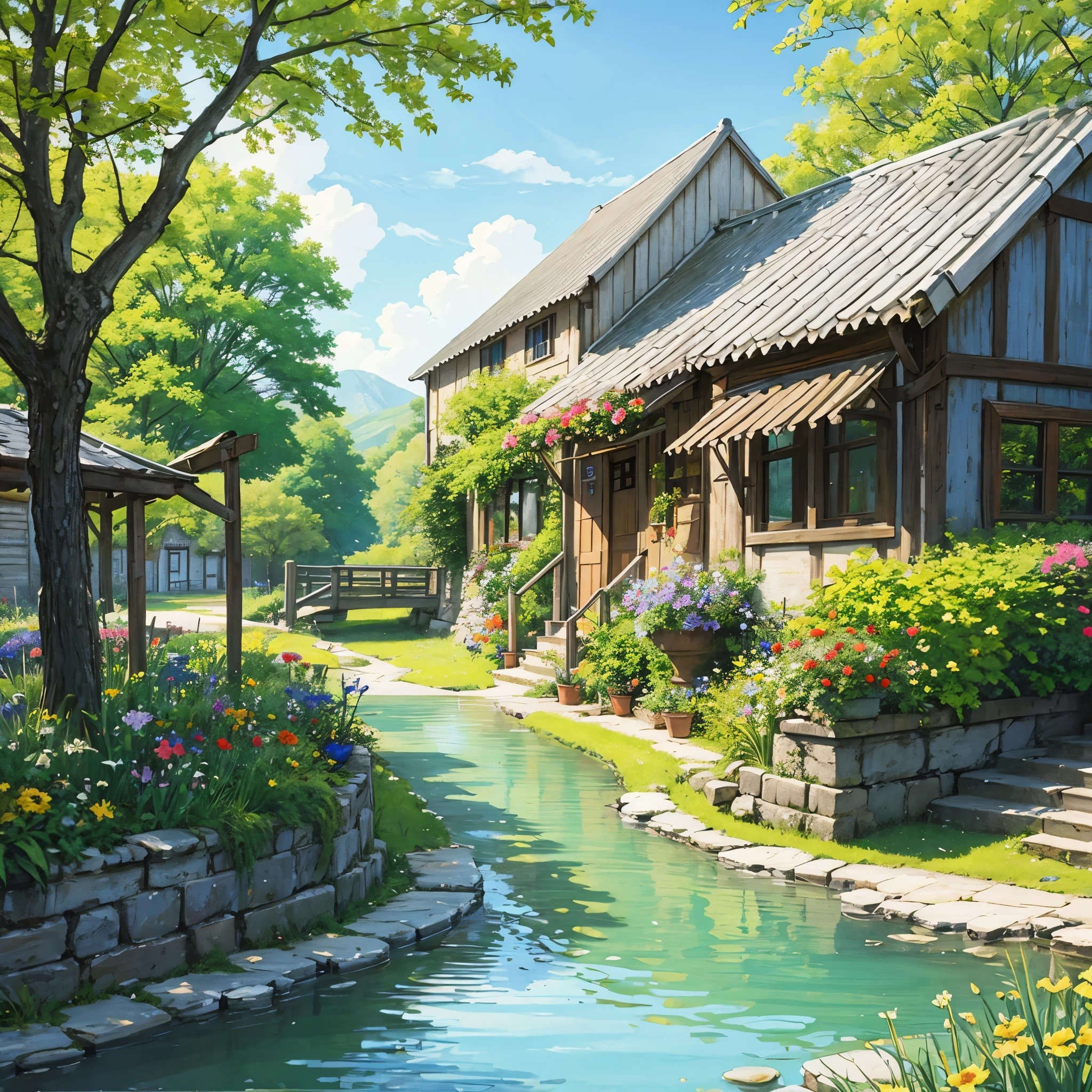 Obverse, caricature, this is a spring landscape painting,multicolored flowers, scenery, sunny, multicolored flowers, spring season, magical village scene, 