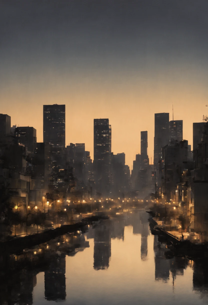 urban skyline silhouette, twilight, reflections on water, (シルエットアート, silhouette art:1.8), (Best quality:1.5, masterpiece:1.5).