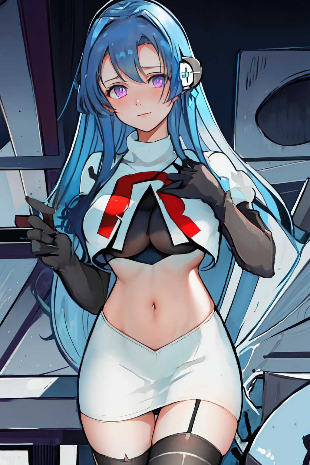 best quality, masterpiece, highres, solo, {helena_azurlane:1.15}, blue_hair, long_hair, ahoge, purple_eyes, breasts, blush, bangs, hair_ornament, medium_breasts, hair_between_eyes, 1girl, looking_at_viewer, large_breasts, team rocket,team rocket uniform,white skirt,red letter R,crop top,black thigh-highs,black elbow gloves