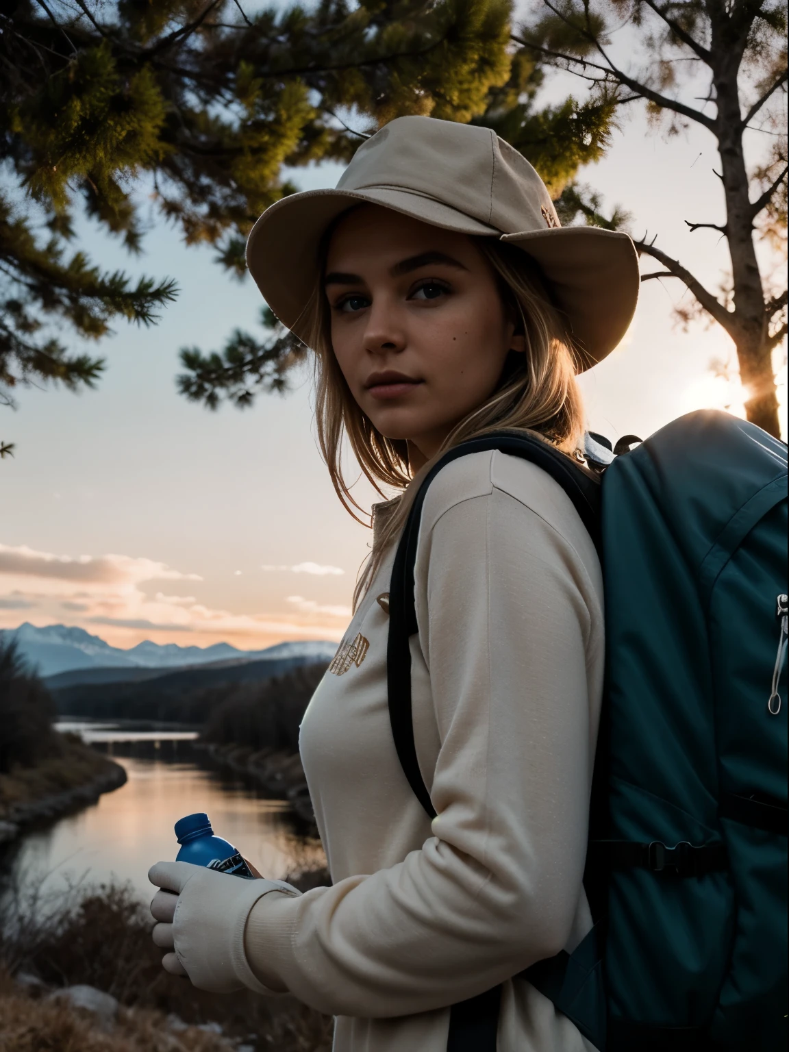 photography of a 20yo woman,light blond hair,blue-eyed woman, perfect face, masterpiece,instaphoto,latina, a mole on my right cheek, photorealistic,8k, outdoors, (sunset), mountains, nature, (sun going down), backpack, water bottle, hiking boots, gloves, sweater, hat, flashlight, forest, rocks, river, wood, smoke, shadows, contrast, clear sky, 