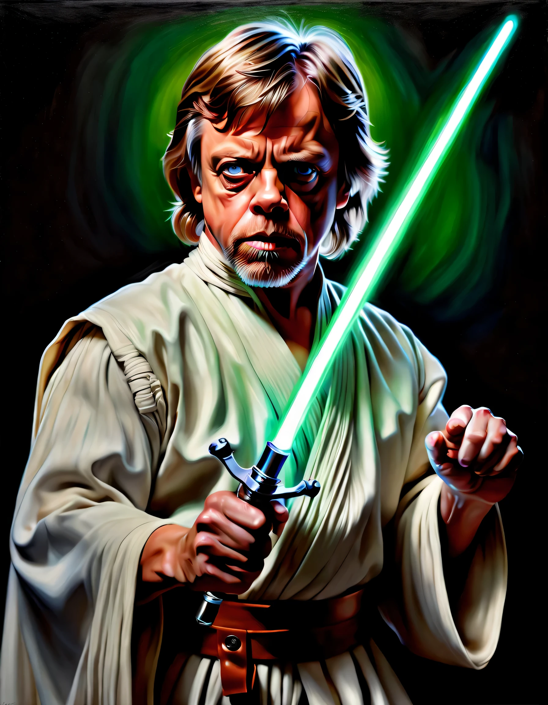 (melhor qualidade, realistic:1.37) Mark Hamill como Luke Skywalker, powerful with the Force, escolhido, em um fundo escuro e sinistro, empunhando um sabre de luz verde, corpo inteiro. [intense expression], [Cabo Fluindo], [postura de batalha intensa]: (oil painting), [dramatic lighting], [detailed facial features], [intense action]. Cores: [tons claros e contrastantes], [destaques vermelhos sinistros], corpo inteiro.