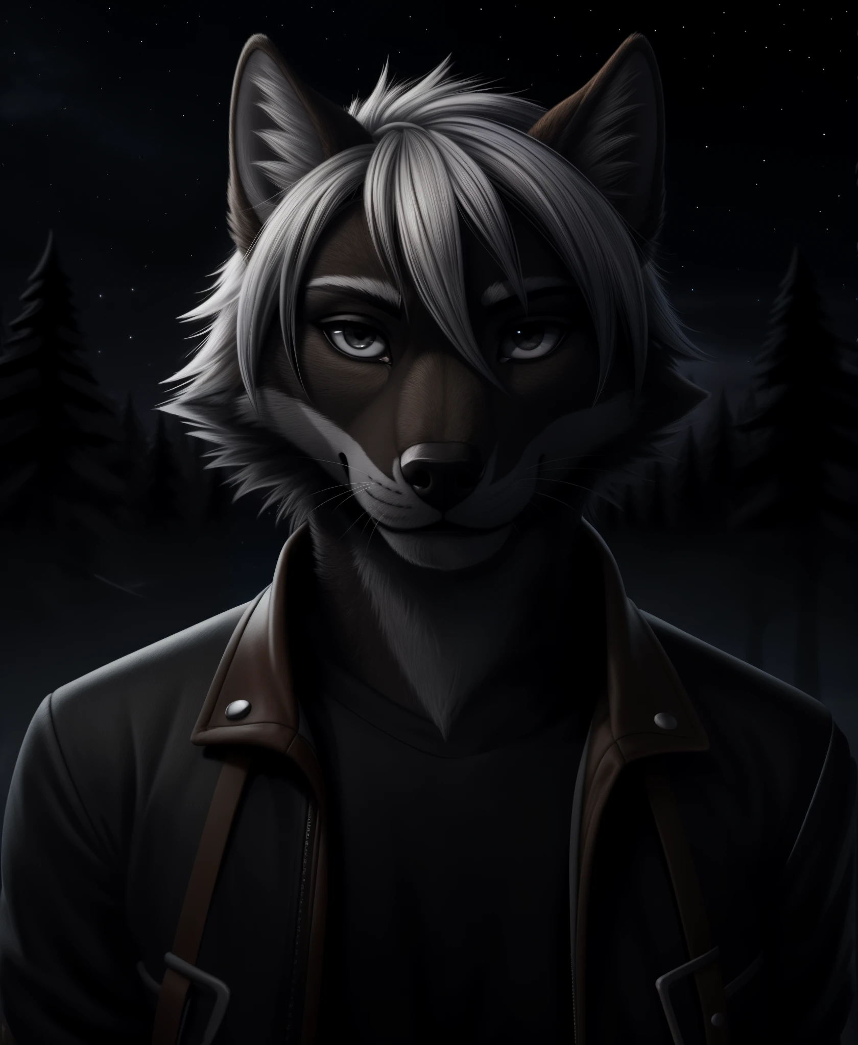 (life-size-body), (Anthro : Furry Art : Grey Wolf)
1boy, male with grey eyes ((also extremely detailed)), short hair, messy hair, white hair, bracelets, black shirt, black jeans, white-fur coat, close to viewer, close up to face, beautiful face, dark, night, Night sky, dark woods, fog
midjourney