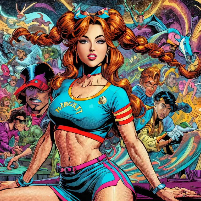 eine Nahaufnahme einer Zeichentrickfigur mit einer ?????? von Menschen, 90er-Jahre-Comic-Charakter-Design, lebendige Cartoon-Kunst, big sexy perfect boobs, J Scott Campbell, artgerm Julie bell und Ralph Bakshi, artgerm bunt!!!, 1 9 9 0 s Comic-Stil, Alice im Wunderland Cyberpunk