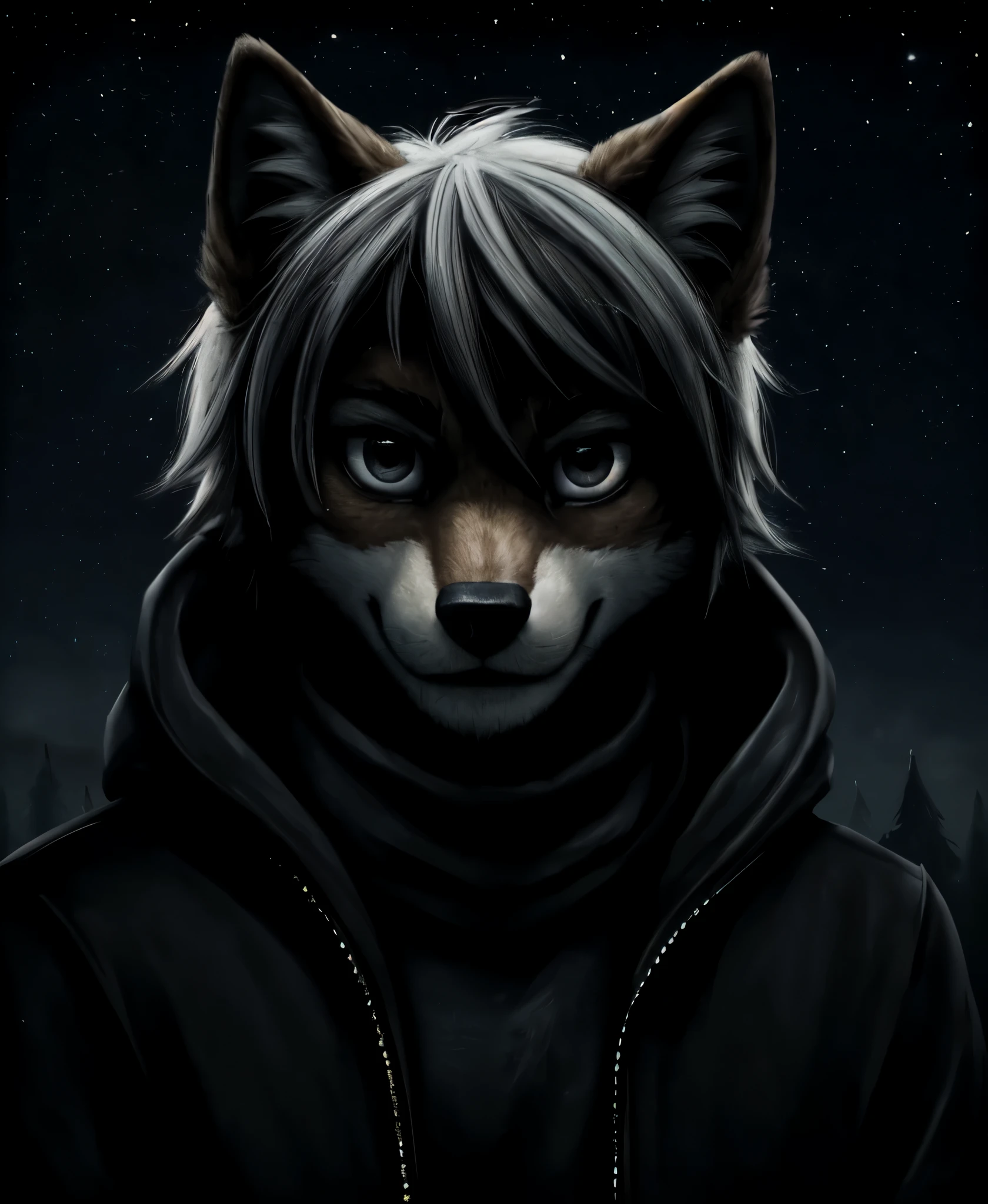 (life-size-body), (Anthro : Furry Art : Grey Wolf)
1boy, male with grey eyes ((also extremely detailed)), short hair, messy hair, white hair, bracelets, black shirt, black jeans, white-fur coat, close to viewer, close up to face, beautiful face, dark, night, Night sky, dark woods, fog
midjourney