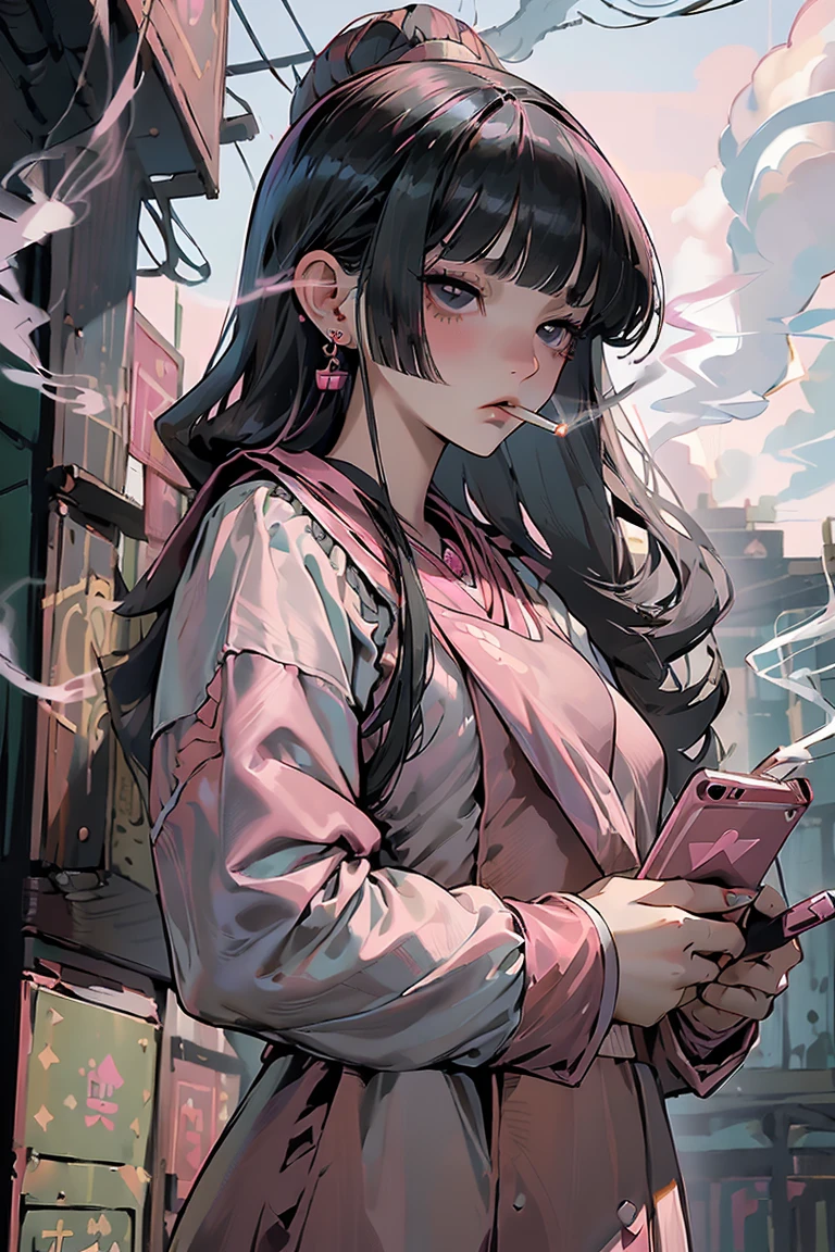 Masterpiece, best quality, high quality, ultra detailed, cowboy shot, 1girl, blunt bangs, hime cut, (((long twin-taillack hair, black eyes, pink sailor uniform, lots of earring, expressionless, smoking girl, holding a smartphone