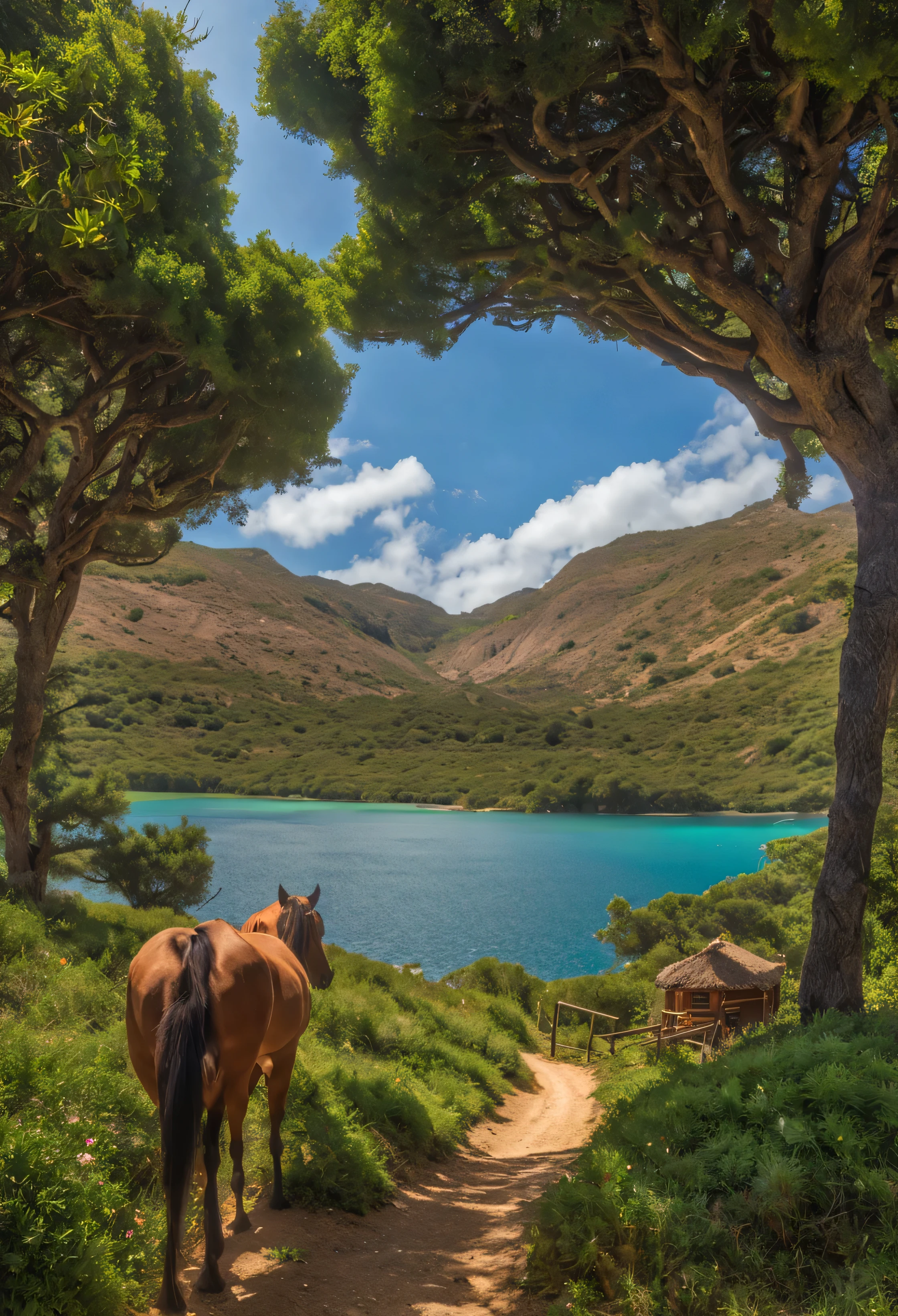 earth paradise, flowers, nature, socotra style trees, waterfall, blue lake, horses, a small cottage, blue sky, green grass, 8k, realistic((best quality)), ((master part)), (circunstanciado), rosto perfeito