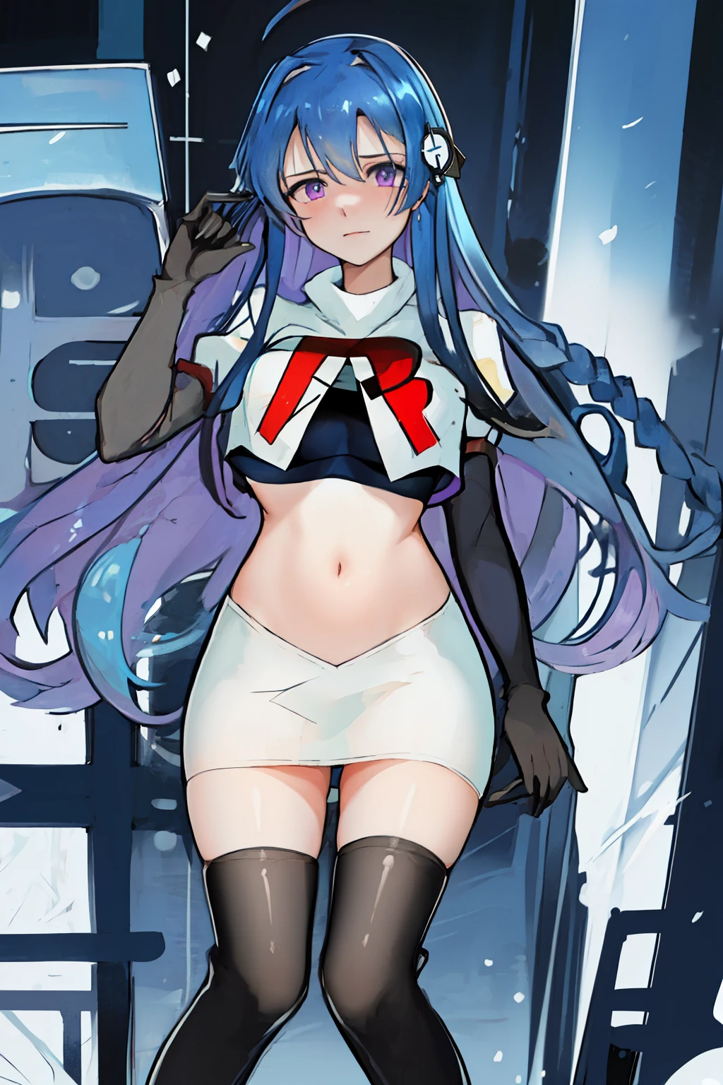 best quality, masterpiece, highres, solo, {helena_azurlane:1.15}, blue_hair, long_hair, ahoge, purple_eyes, breasts, blush, bangs, hair_ornament, medium_breasts, hair_between_eyes, 1girl, looking_at_viewer, large_breasts, team rocket,team rocket uniform,white skirt,red letter R,crop top,black thigh-highs,black elbow gloves