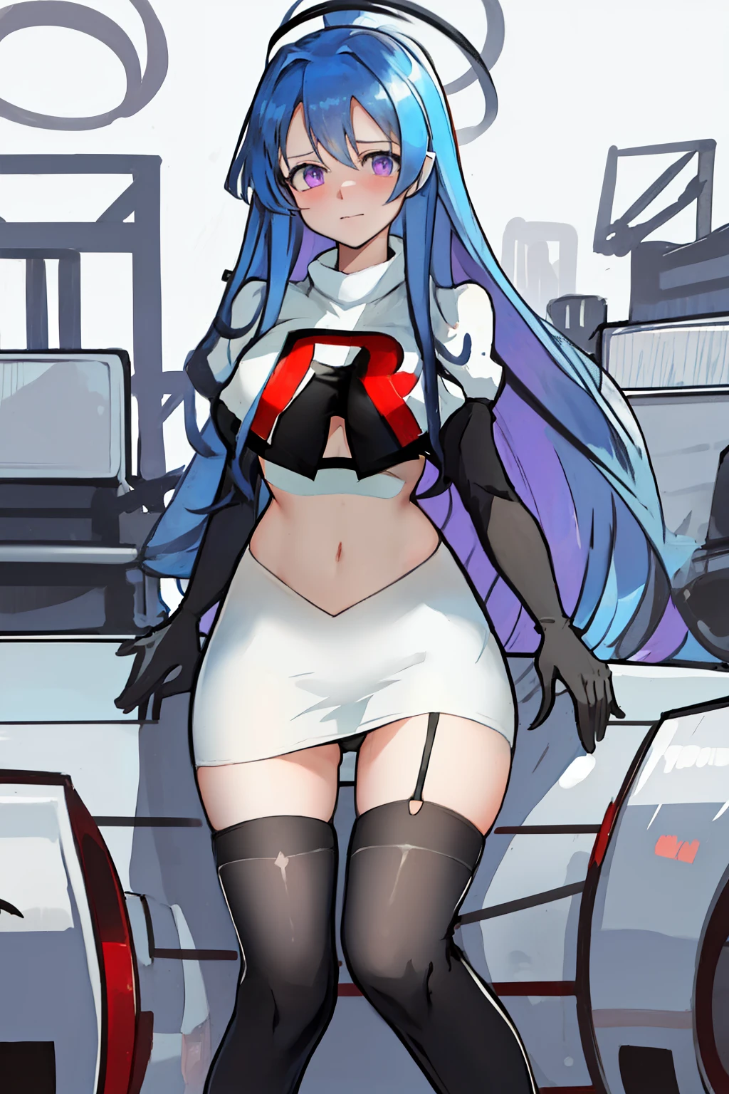 best quality, masterpiece, highres, solo, {helena_azurlane:1.15}, blue_hair, long_hair, ahoge, purple_eyes, breasts, blush, bangs, hair_ornament, medium_breasts, hair_between_eyes, 1girl, looking_at_viewer, large_breasts, team rocket,team rocket uniform,white skirt,red letter R,crop top,black thigh-highs,black elbow gloves