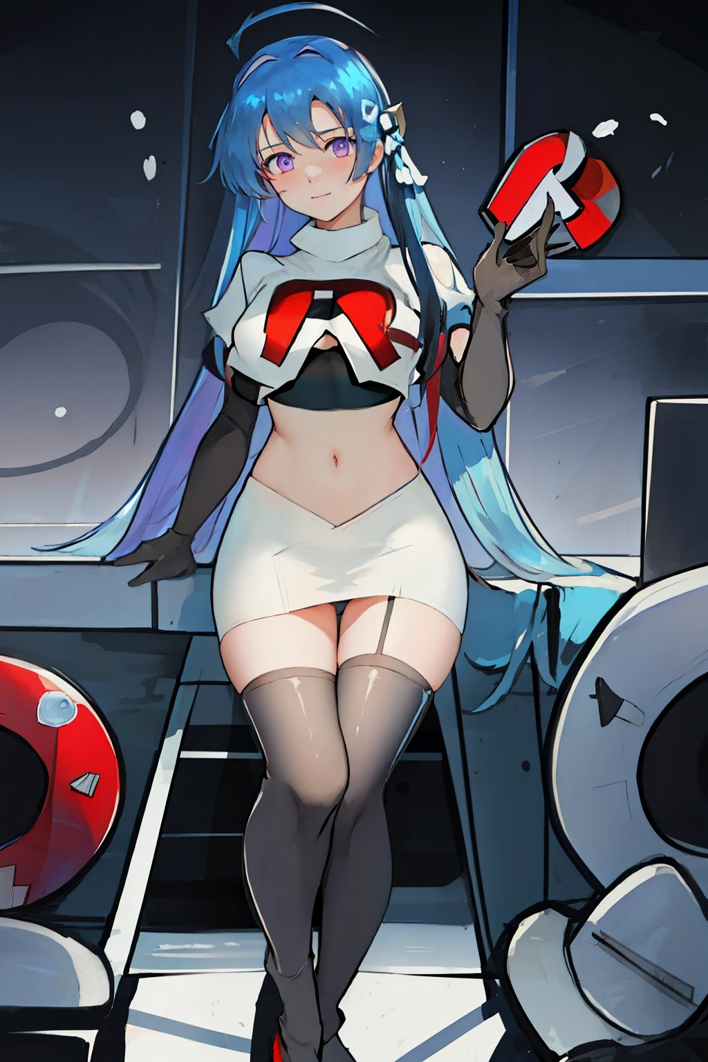 best quality, masterpiece, highres, solo, {helena_azurlane:1.15}, blue_hair, long_hair, ahoge, purple_eyes, breasts, blush, bangs, hair_ornament, medium_breasts, hair_between_eyes, 1girl, looking_at_viewer, large_breasts, team rocket,team rocket uniform,white skirt,red letter R,crop top,black thigh-highs,black elbow gloves