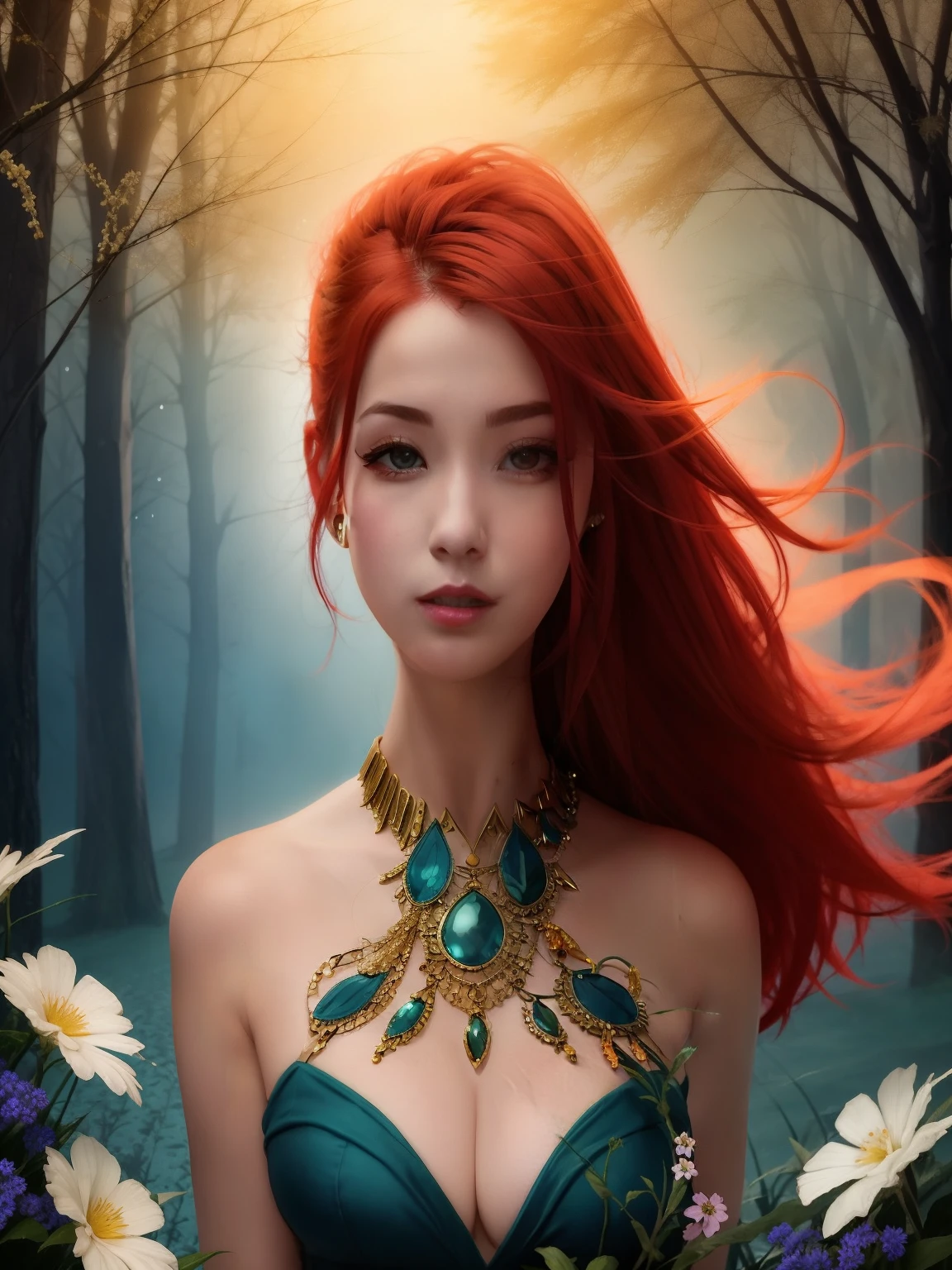 a close up of a woman with red hair and a blue dress, beautiful fantasy art portrait, beautiful fantasy portrait, beautiful fantasy art, fantasy art style, fantasy art portrait, 4k fantasy art, epic fantasy art style hd, fantasy digital art, fantasy woman, digital art fantasy art, detailed fantasy digital art, fantasy art behance, fantasy portrait art, red haired goddess